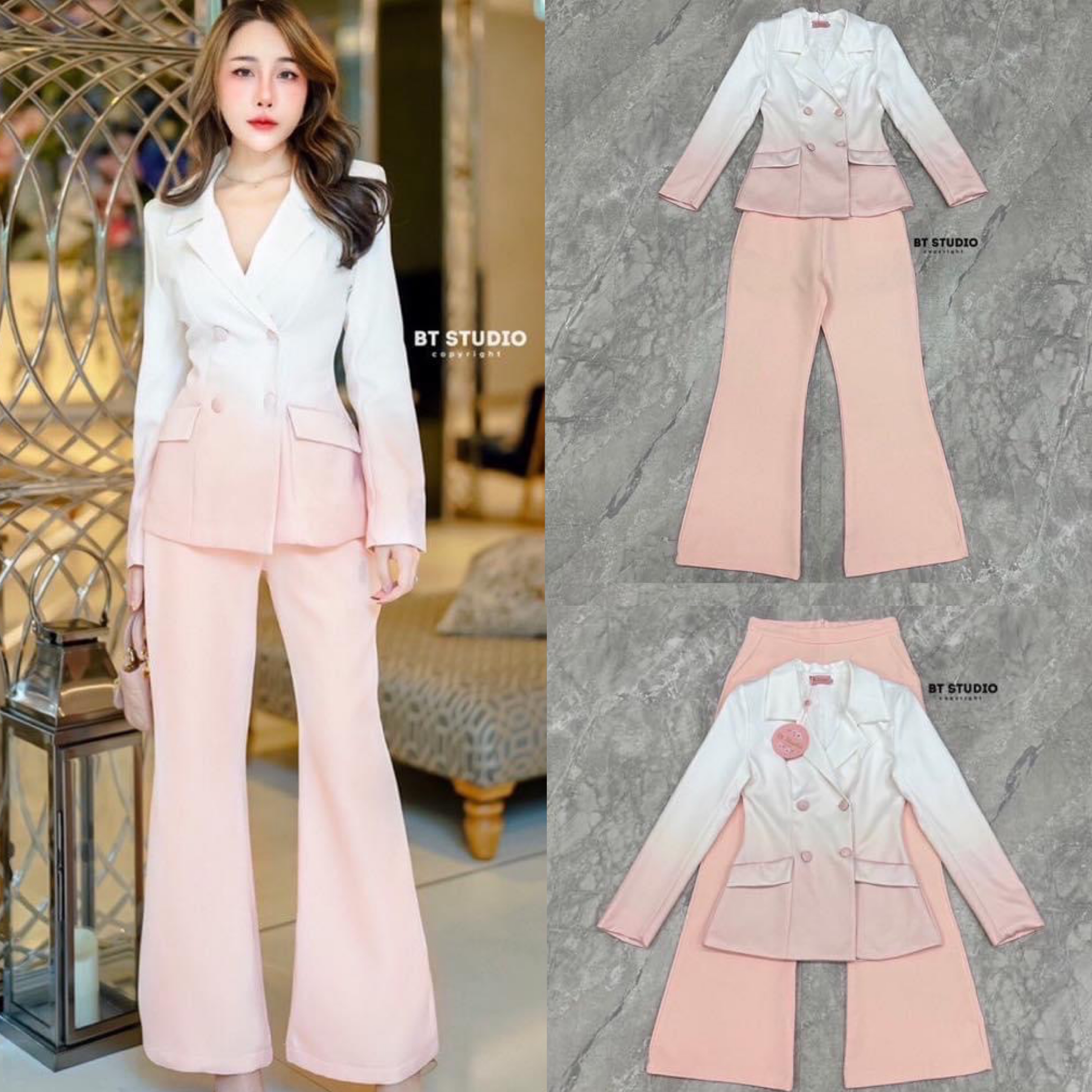 เซท 3 ชิ้น เสื้อเบเซอร์แขนยาวคอปกแต่งไล่สีจากสีพื้นไปอีกสี แต่งกระดุม 4 เม็ด แมทซ์กับกางเกงขายาวกระเป๋าใช้งานได้จริง งานสวยเนื้อผ้าดี มีซับใน สินค้าคุณภาพ (พร้อมส่ง)