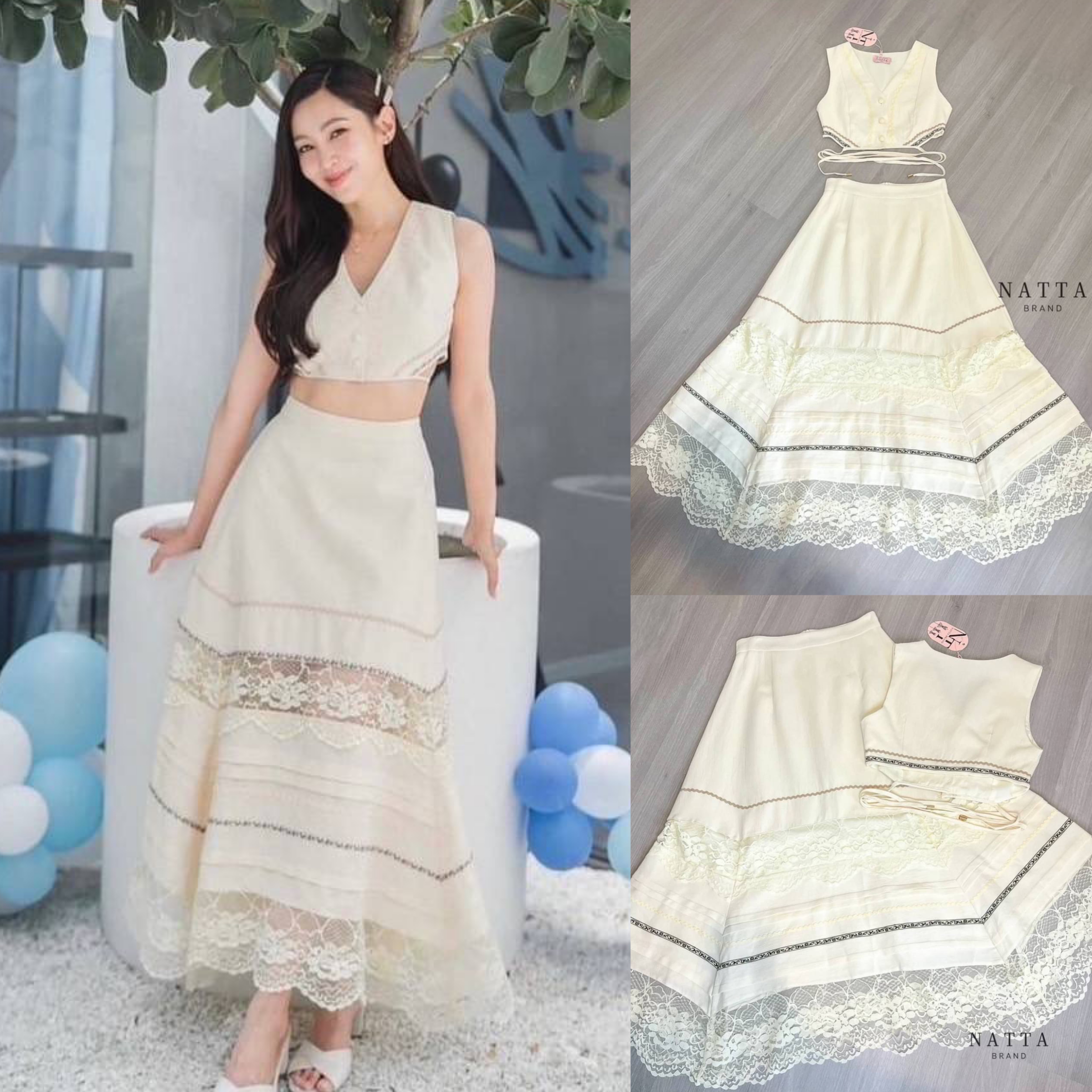 ชุด Set เสื้อแขนกุดแต่งผูกเอว งานกระดุมไหมพรมอย่างดี มาพร้อมกระโปรงยาว แต่งผ้าลูกไม้ช่วงล่าง ใส่สบาย มีผ้าซับในทั้งชุด สินค้าคุณภาพ (พร้อมส่ง)