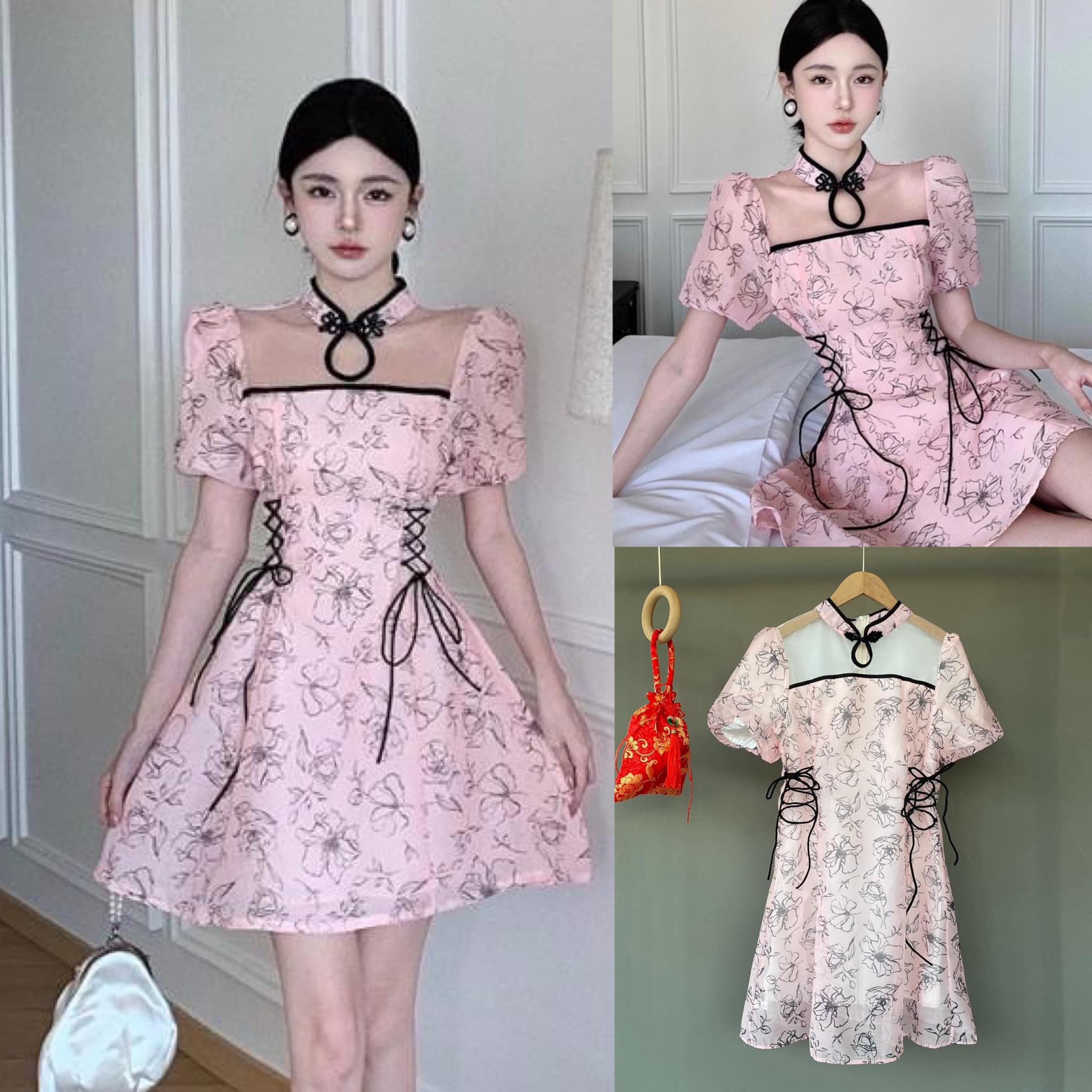 เดรสกี่เพ้า ทรงบานสวยมาก เดรสคอจีนซิปหลัง ซับในอย่างดี ใส่สบาย สินค้าคุณภาพ (พร้อมส่ง)