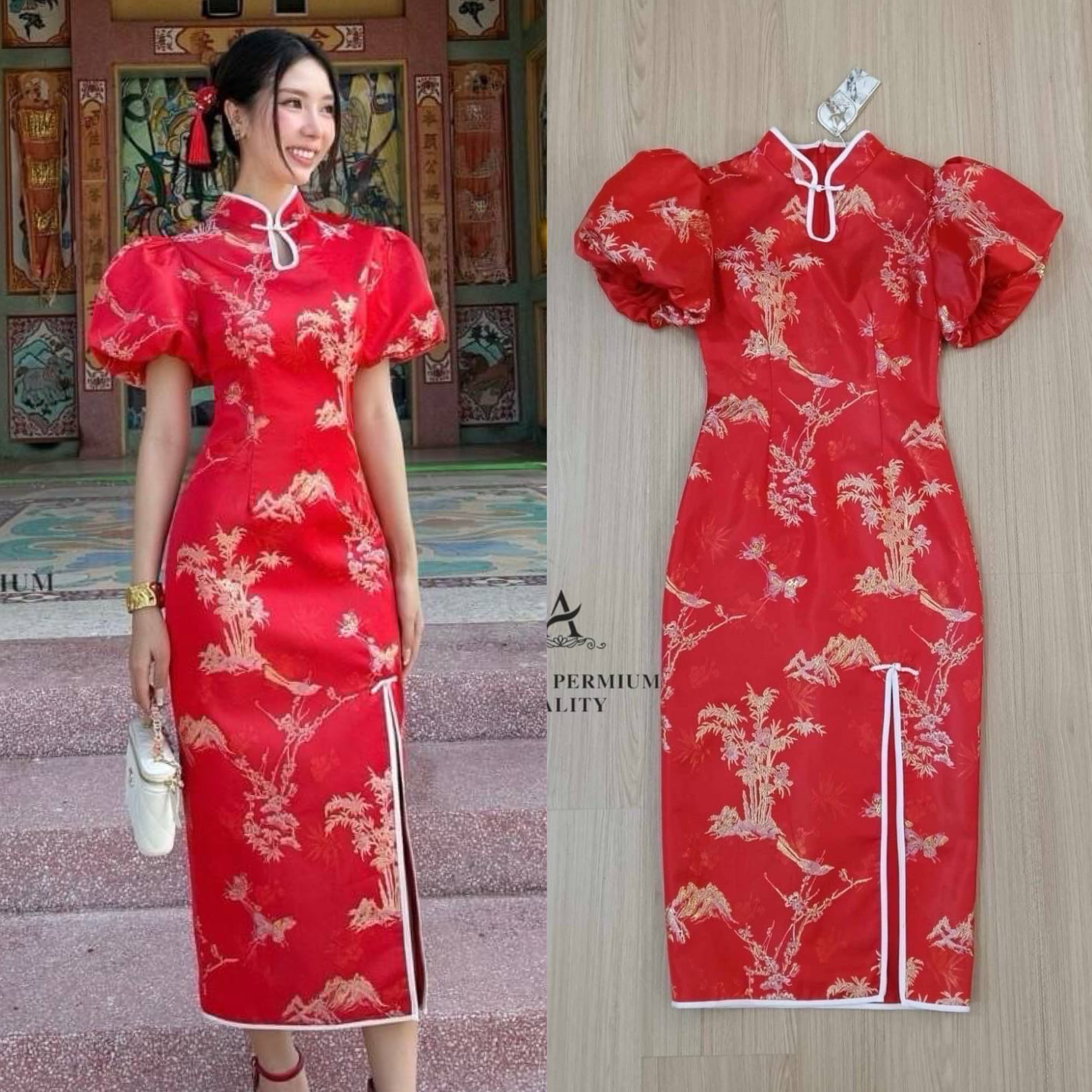 เดรสยาวกี่เพ้าเข้ารูป คอจีนแขนตุ๊กตาเนื้อผ้าซาติน ผิวมัน เนื้อผ้าหนาแน่นฝุดๆ เดรสปักลายสีทองทั้งตัว มีฟองน้ำในตัว ผ่าข้าง ซิบหลัง ใส่สบาย : สินค้าคุณภาพ (พร้อมส่ง)