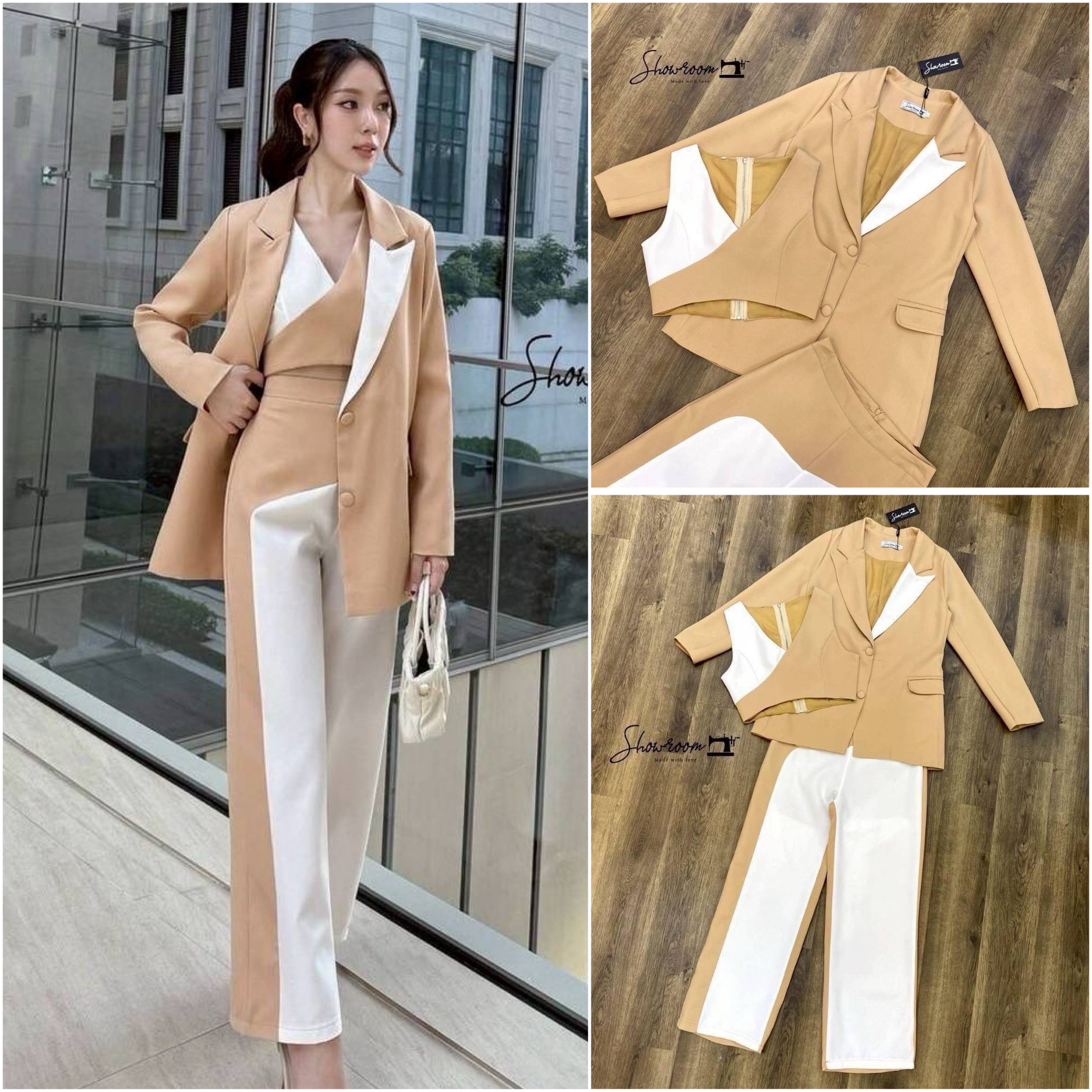 เซ็ต 3ชิ้น เบรเซอร์แขนยาวทรงสวย ครอปแขนกุดดีไซน์เก๋เล่นสีทูโทน และกางเกงขายาวเข้าเช็ต ใส่สบาย : สินค้าคุณภาพ (พร้อมส่ง)