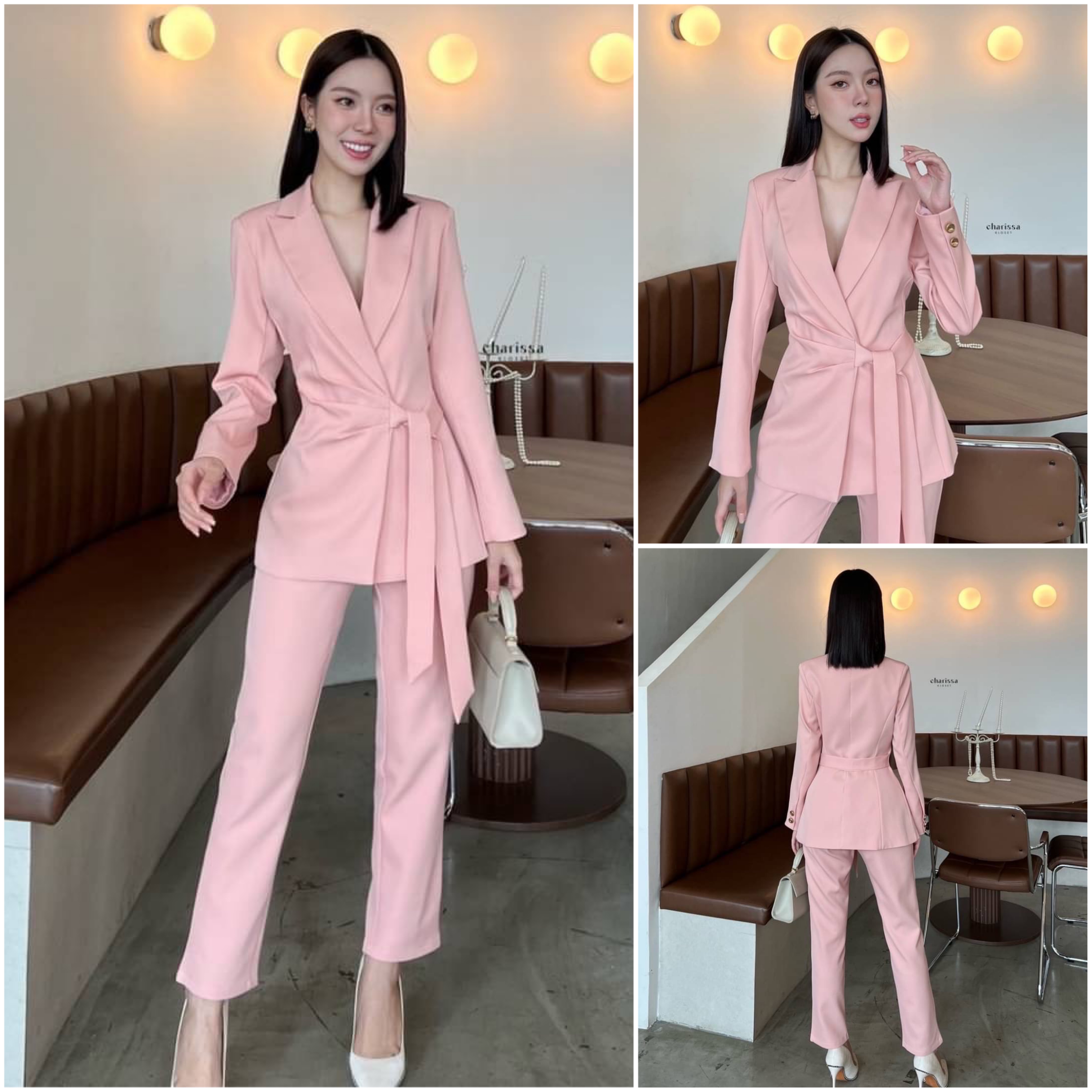 Set suit 2 ชิ้น เสื้อสูททรงยาวเข้ารูป มีเสริมบ่าบางๆ กับสายผูกเอวเย็บติดด้านหน้า พร้อมกางเกงเป็นทรง9 ส่วน สินค้าคุณภาพ (พร้อมส่ง)