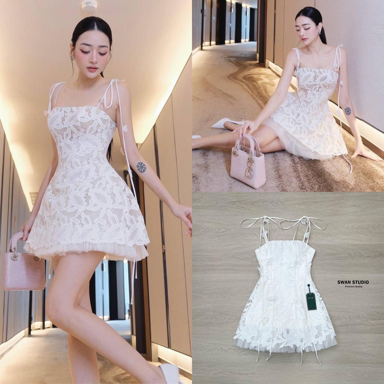 มินิเดรสลูกไม้สีขาว สายแต่งผ้าเป็นดอกไม้ สายผูกปรับระดับตามตัว สะโพกพองบาน ชายเพิ่มด้วยผ้าตาข่าย สวยดูแพงมากๆค่า ใส่สบาย : สินค้าคุณภาพ (พร้อมส่ง)