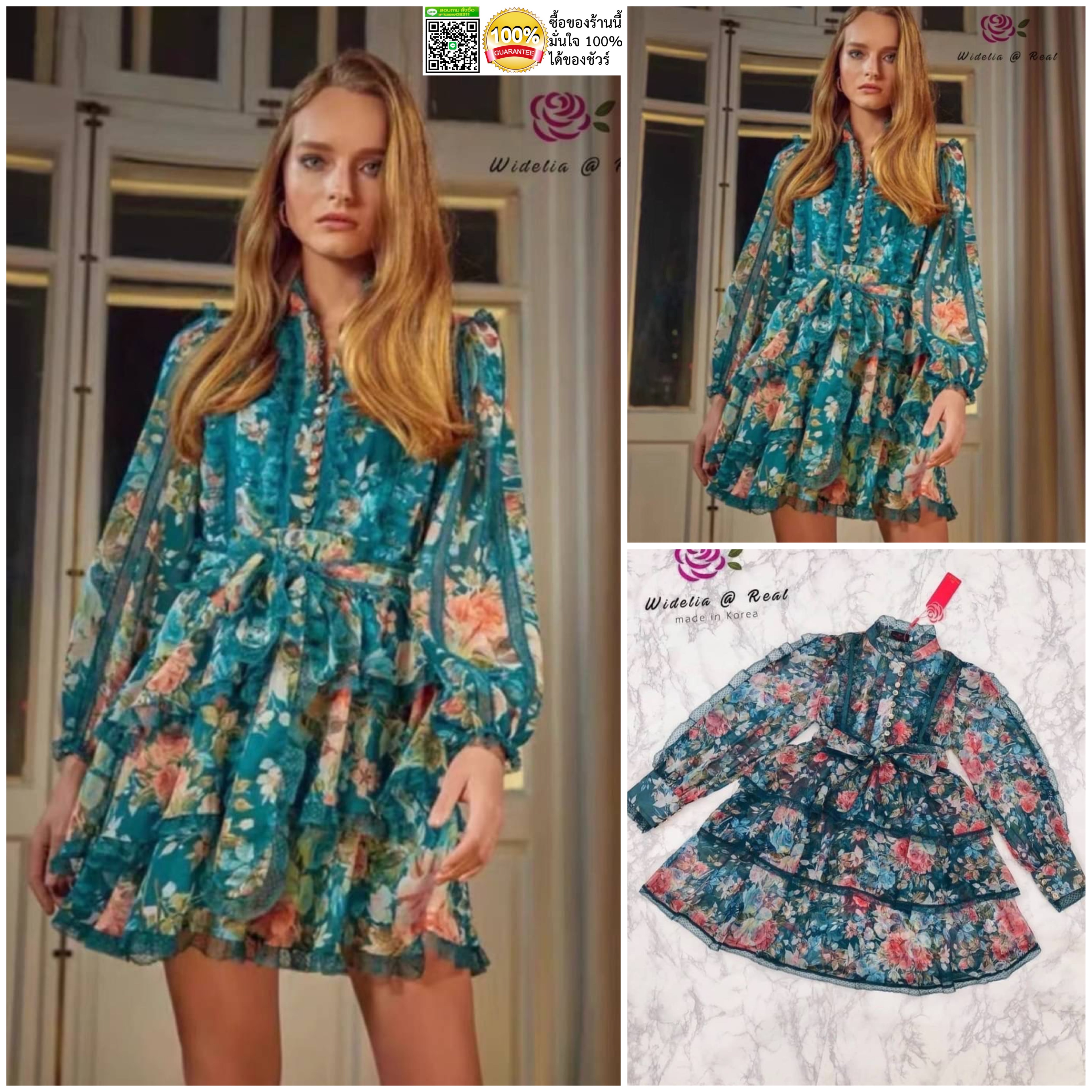 Dress เดรสแขนยาวสุดหรู งานเกรดพรีเมี่ยม เนื้อผ้าชิลค์ลายดอกไม้ ผ้าพริ้วใส่สบาย สินค้าคุณภาพ (พร้อมส่ง)