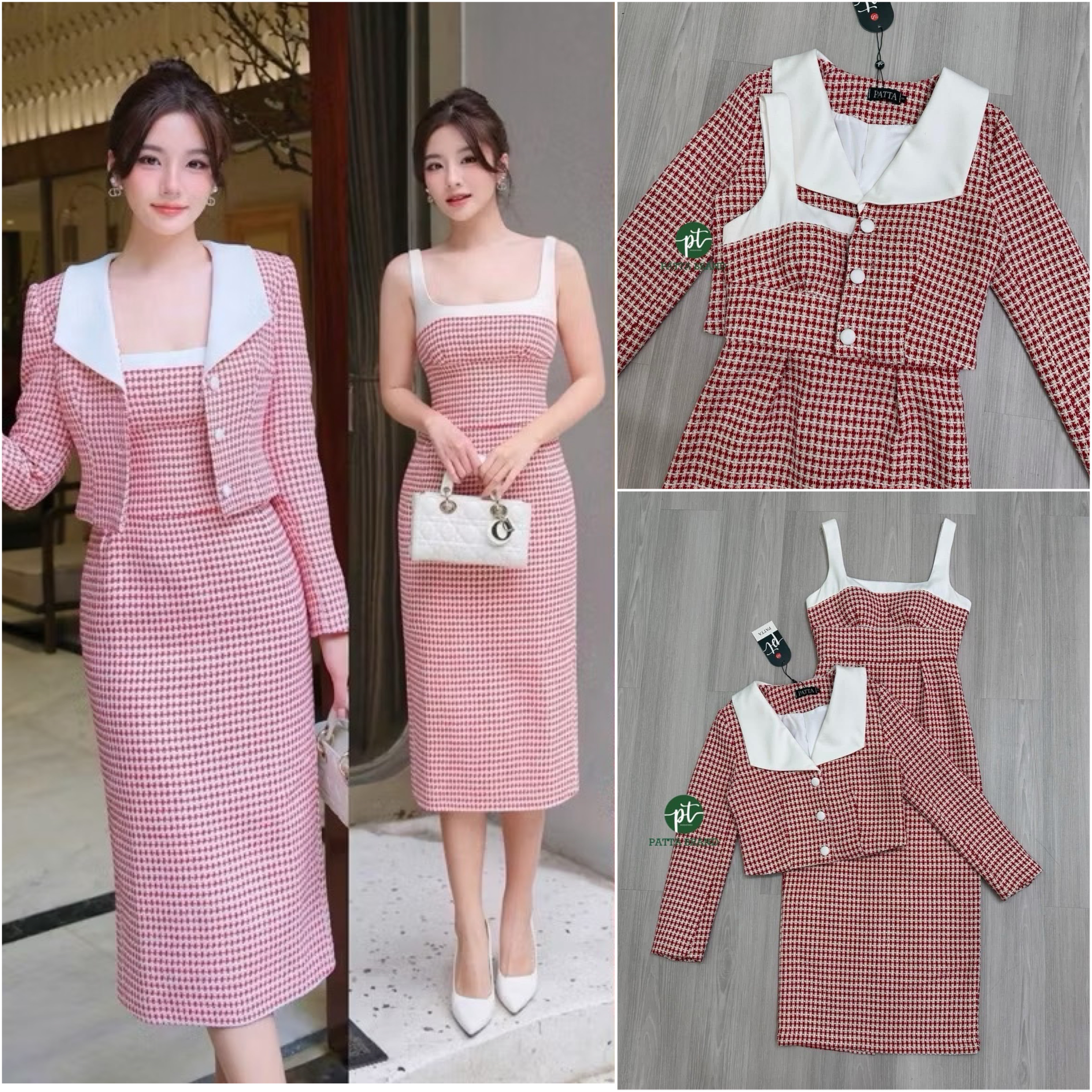 เซต2ชิ้น สีแดงผ้าทอทวีตตารางผสมดิ้นทอง เดรสยาวแขนกุด กู๊นสายขาว แต่งผ่าหลัง ทรงเข้ารูปสวย (อกเสริมฟองน้ำ มีซิปหลัง) มาพร้อมกับเสื้อคลุมแขนยาวตัวสั้นเนื้อผ้าเดียวกัน ใส่สบาย : สินค้าคุณภาพ (พร้อมส่ง)