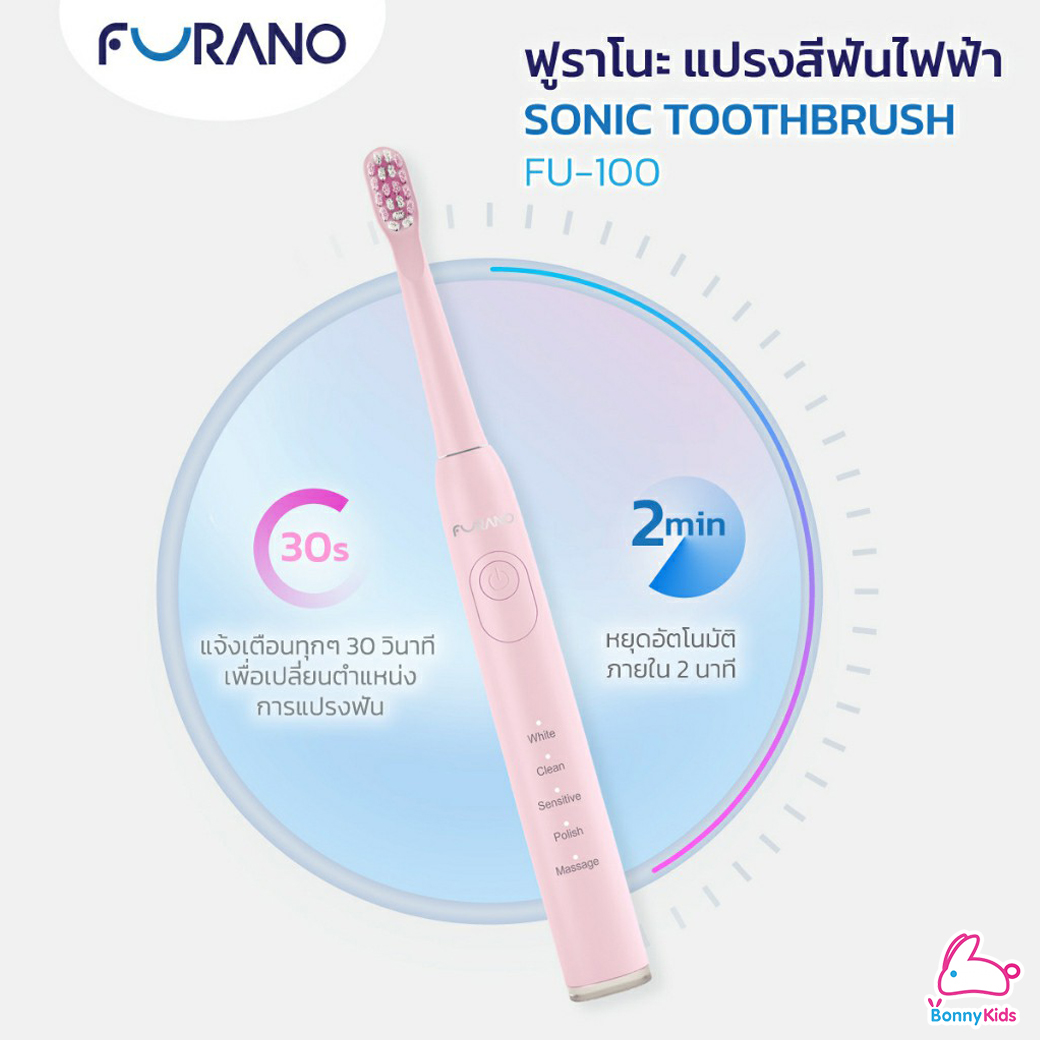 Furano(ฟูราโนะ) Sonic Toothbrush แปรงสีฟันไฟฟ้า รุ่น FU-100 การสั่น 40,000 ครั้ง/นาที พร้อมการทำความสะอาด 5 โหมด