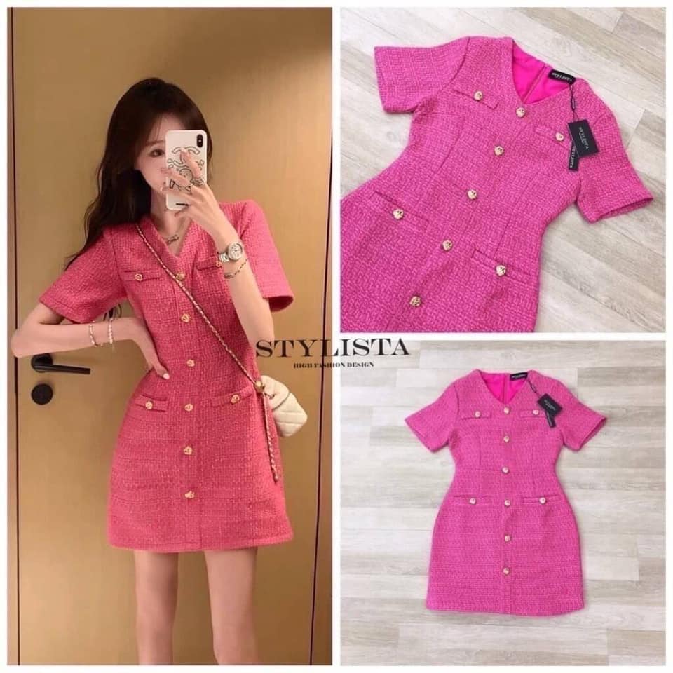 เดรสแขนสั้นผ้าทวิต ทรงพอดีตัว กระดุมแต่งด้านหน้าสวยงาม ซิปหลัง ใส่สบาย : สินค้าคุณภาพ (พร้อมส่ง)