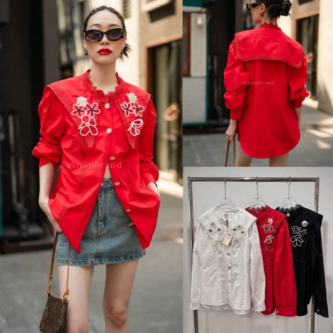 เสื้อเชิ้ตปกแหลมกุ้นลูกไม้ แต่งดอกไม้ไข่มุก ทรงสวย ใส่สบาย : สินค้าคุณภาพ (พร้อมส่ง)