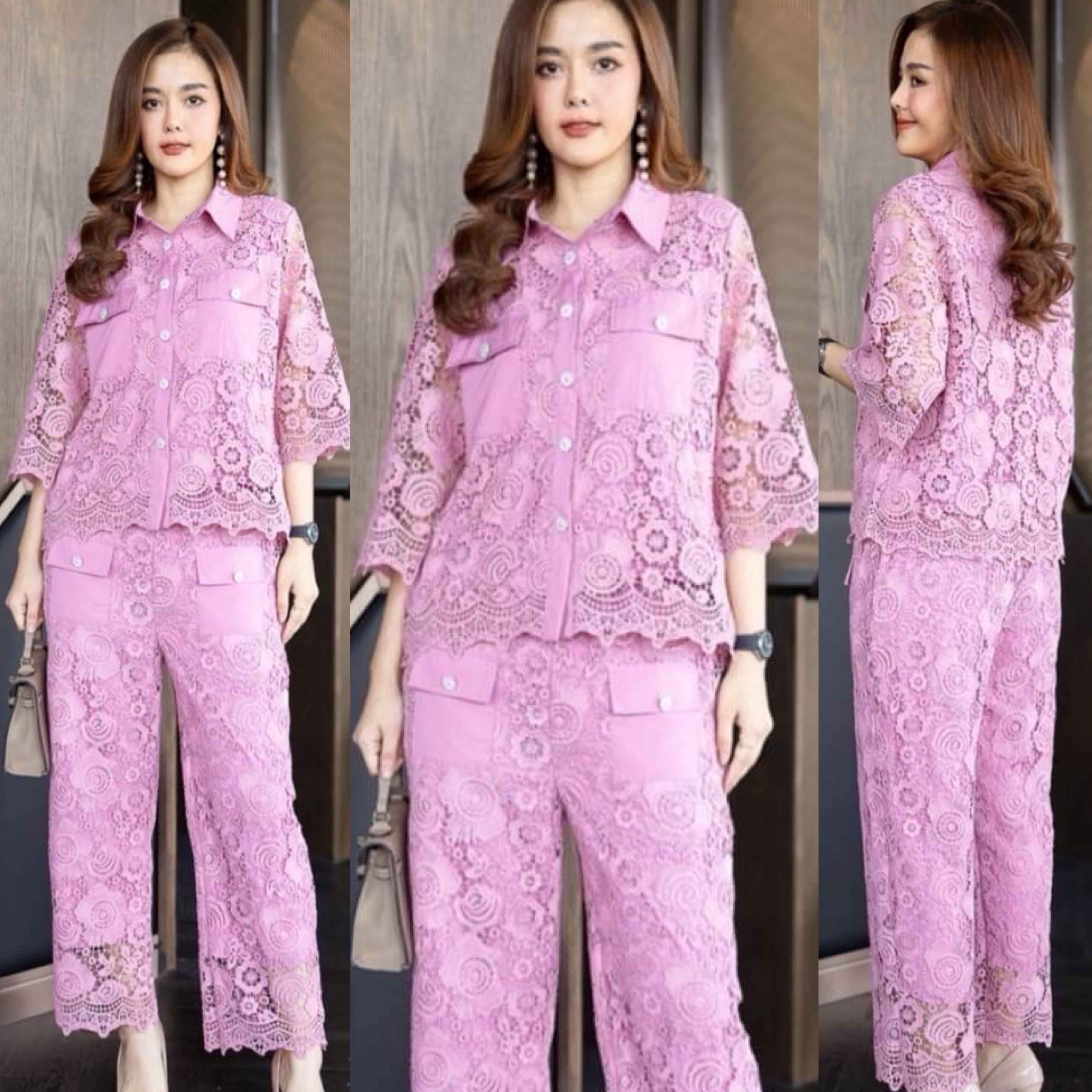 ชุดเซ็ทลูกไม้ลายเชิง ทั้งชุด แต่งกระเป๋าทั้งเสื้อและ กางเกง ประดับด้วยกระดุมมุก มีซับในทั้งชุด ใส่สบาย สินค้าคุณภาพ (พร้อมส่ง)