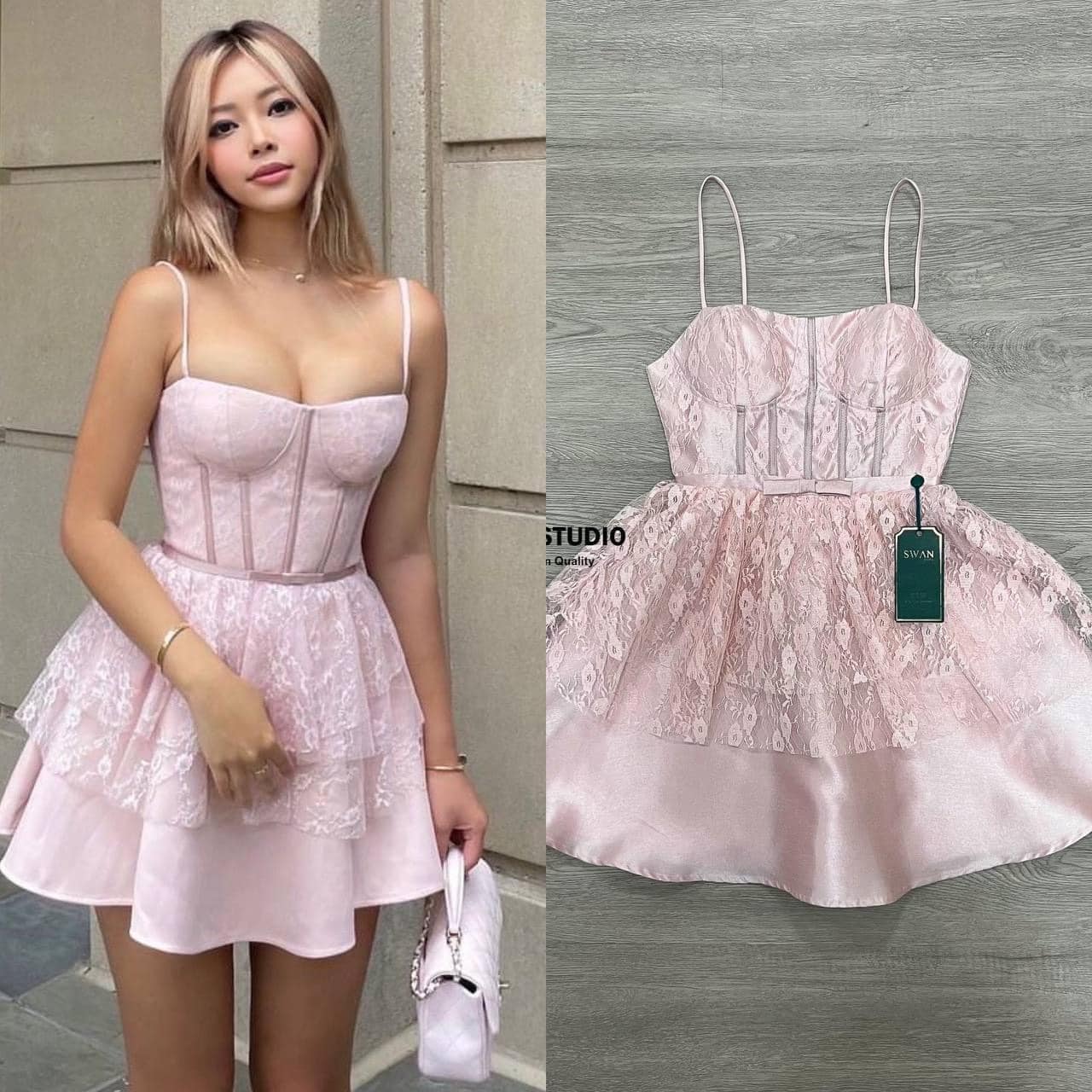 มินิเดรสสายเดี่ยวผ้าลูกไม้สีชมพู ช่วงบนเดินตัดเส้นด้วยกุ๊น ช่วงล่างเป็น กระโปรงซ้อน 3 ชั้น ใส่สบาย สินค้าคุณภาพ (พร้อมส่ง)