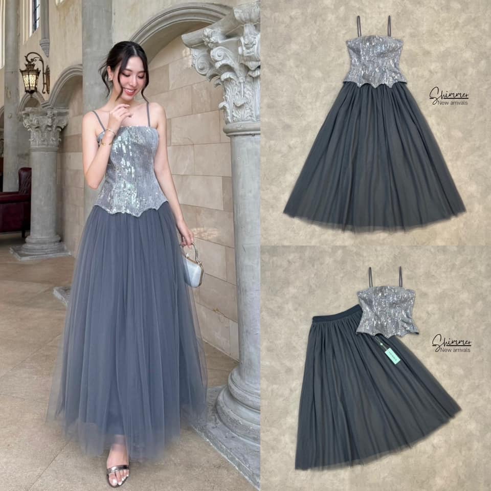 เชต เสื้อสายเดี่ยวกลิตเตอร์ตัดต่อแพทเทิร์นสวยเข้ารูป เสริมโครงตะเข็บและฟองน้ำหน้าอกให้ทรงสวย แมทช์คู่กับกระโปรงยาวเนื้อผ้าตาข่ายเกรดพรีเมียมซ้อนผ้าถึงสี่ชั้น ใส่สบาย : สินค้าคุณภาพ (พร้อมส่ง)