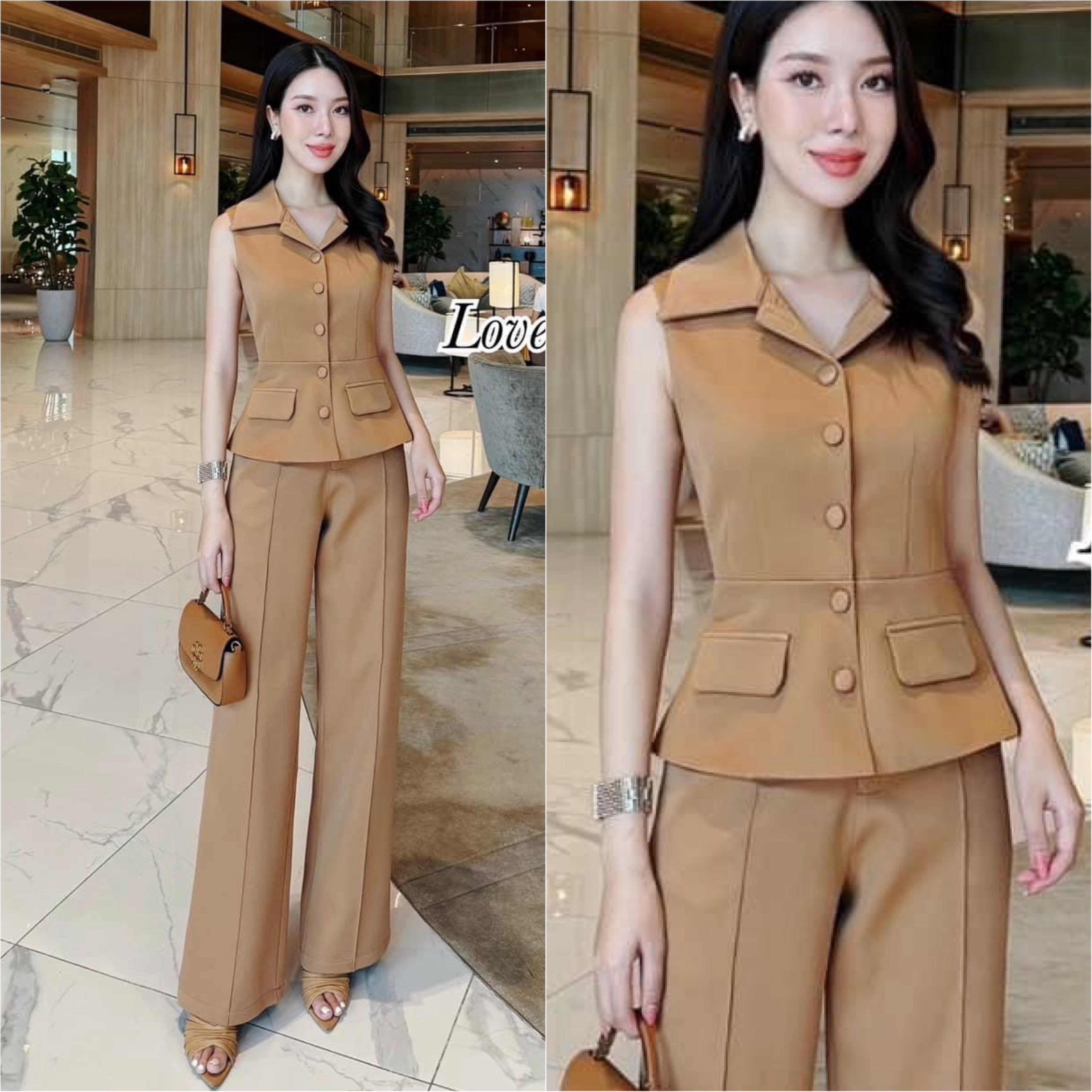 Set.2ชิ้น ลุคเรียบหรูดูผู้ดี ตัวเสื้อเป็นทรงคอปก กระดุมหน้า ทรงเข้ารูป มีซับในอย่างดีค่ะ มาพร้อมกางเกงเอวสูง ทรงขากระบอกกลาง ใส่สบาย : สินค้าคุณภาพ (พร้อมส่ง)