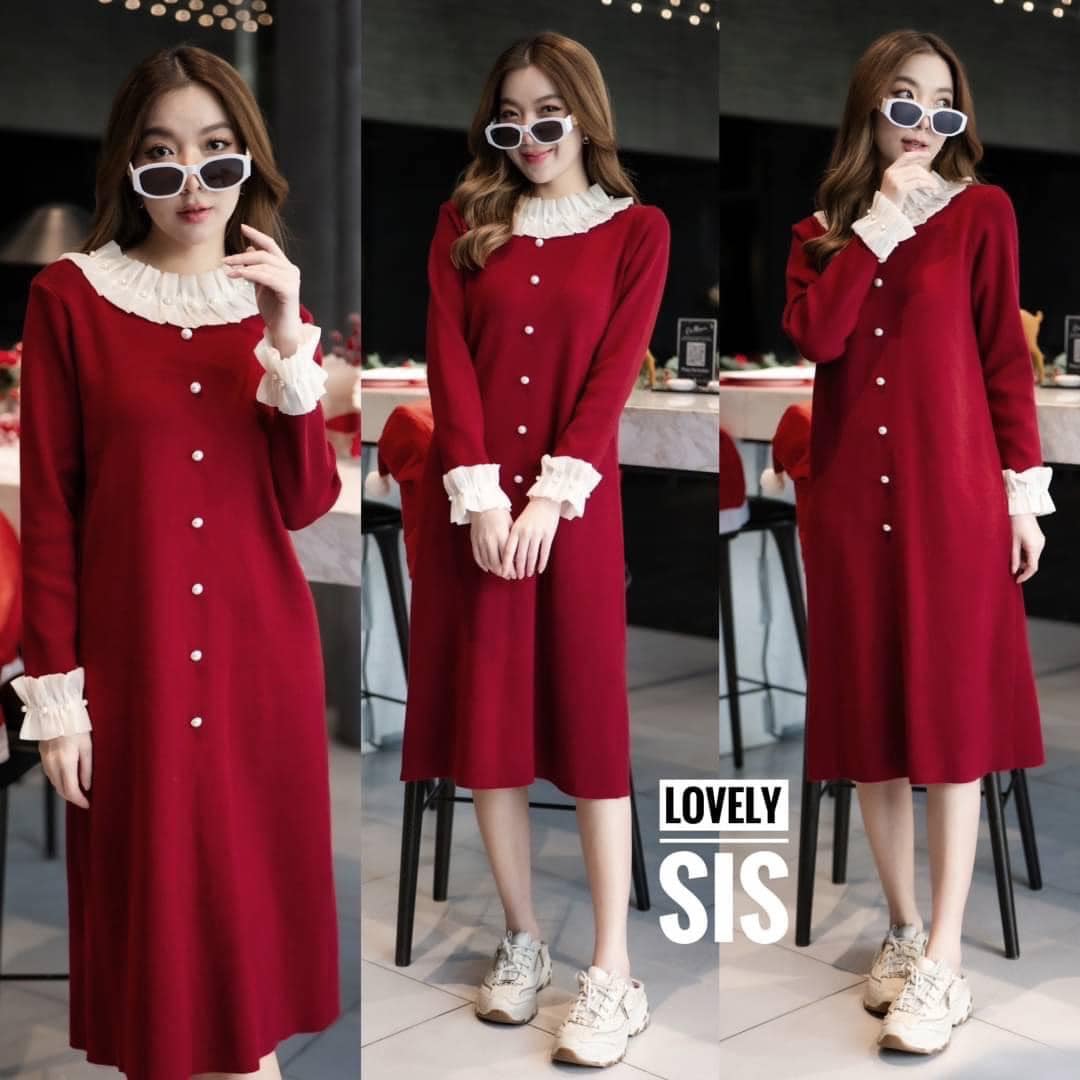 เดรสไหมพรมแขนยาวงานดีเทลแต่งคอปีน และปลายแขนด้วยผ้าแก้วพรีเมี่ยมเนื้อนิ่ม แต่งมุก ใส่สบาย สินค้าคุณภาพ (พร้อมส่ง)