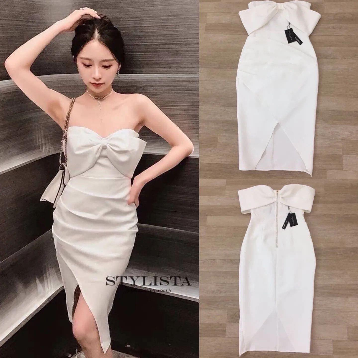 เดรสทรงพอดีตัว แต่งโบว์ใหญ่ คลุมไหล่ ใส่สวยมาก ดูดีเหมือนเซเลปเลยค่ะ สวยเปะเวอร์ สินค้าคุณภาพ (พร้อมส่ง)