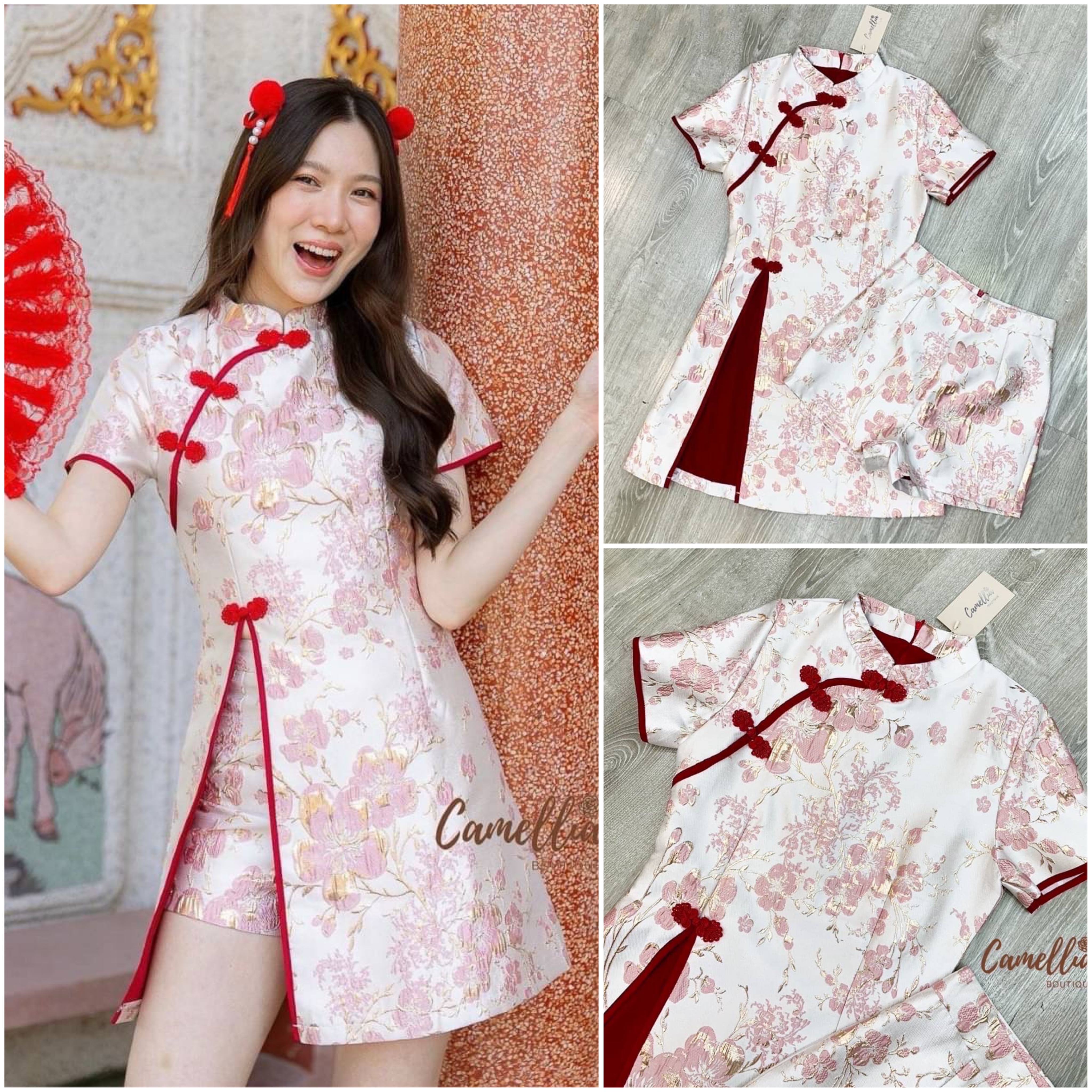 ชุดSet เสื้อกี่เพ้าผ้าทอลายดอกโทนสีแดงทอง แต่งกระดุมสีแดงสวยลงตัวมากคะ + กางเกงขาสั้นลายเข้ากับชุด ใส่สบาย : สินค้าคุณภาพ (พร้อมส่ง)