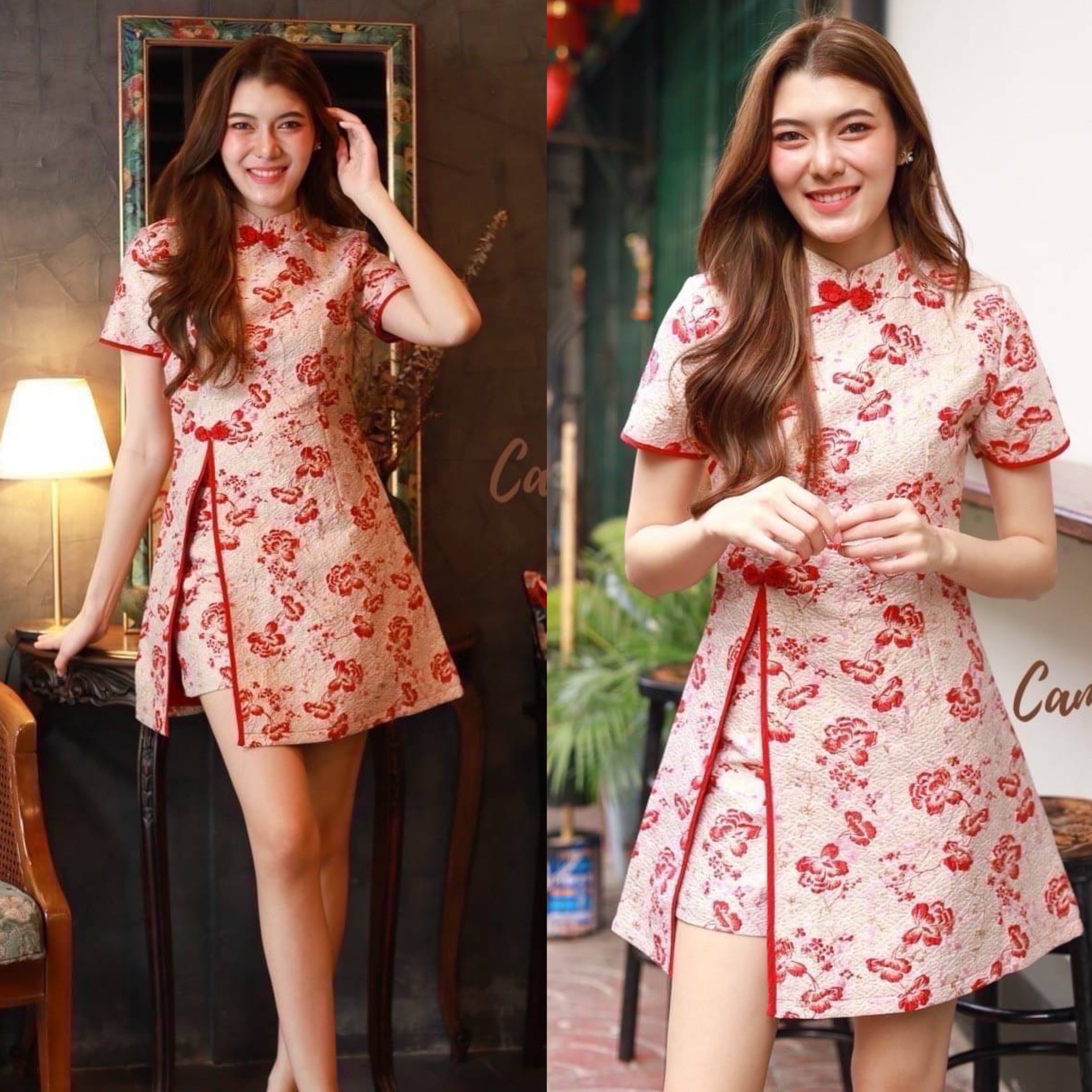 ชุดSet เสื้อกี่เพ้าผ้าทอลายดอกโทนสีแดงทอง แต่งกระดุมสีแดงสวยลงตัวมากคะ + กางเกงขาสั้นลายเข้ากับชุด ใส่สบาย : สินค้าคุณภาพ (พร้อมส่ง)