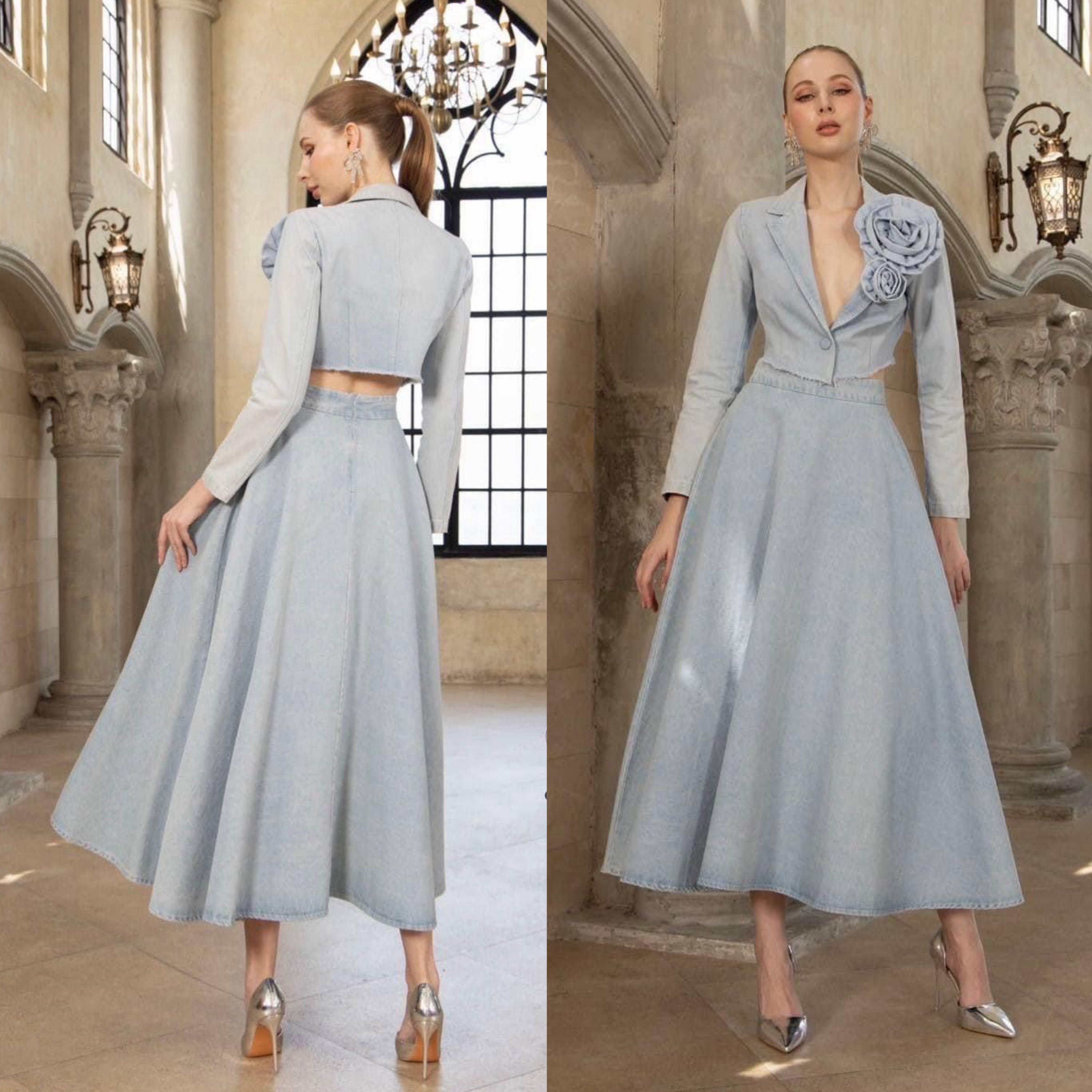 เซตเสื้อครอปยีนส์ แต่งดอกไม้+กระโปรงยาวทรงย้วยรอบตัว เนื้อผ้า ยีนส์ฟอกเกรดเอ ใส่สบาย : สินค้าคุณภาพ (พร้อมส่ง)