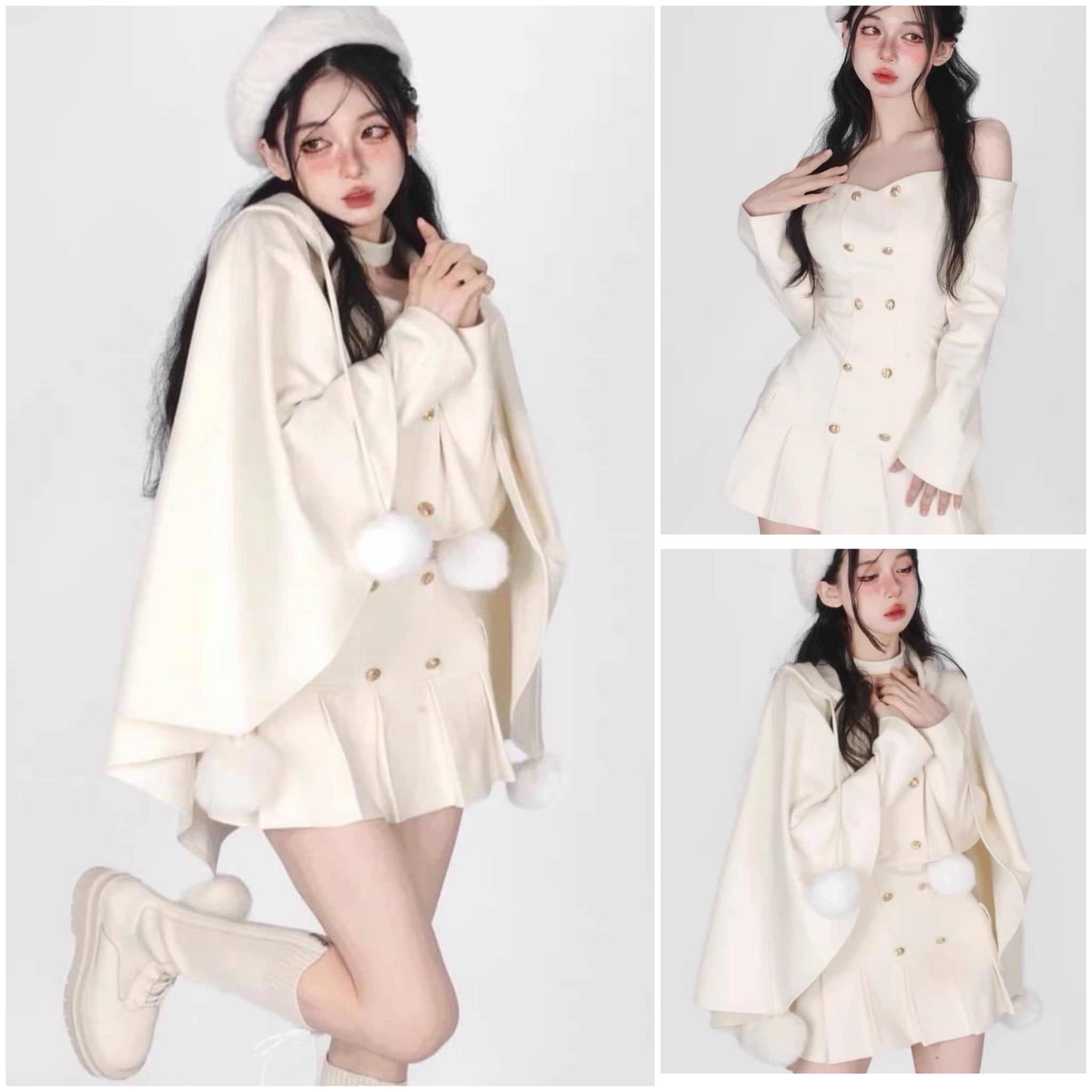 เซท 2 ชิ้น เสื้อคลุมแต่งฮูดกระดุมหน้า หน้าสั้นหลังยาวแต่งสายปอมที่ชายจ้าา แมทซ์กับเดรสสายเดี่ยวปาดไหล่แต่งแขนยาว ใส่สบาย : สินค้าคุณภาพ (พร้อมส่ง)