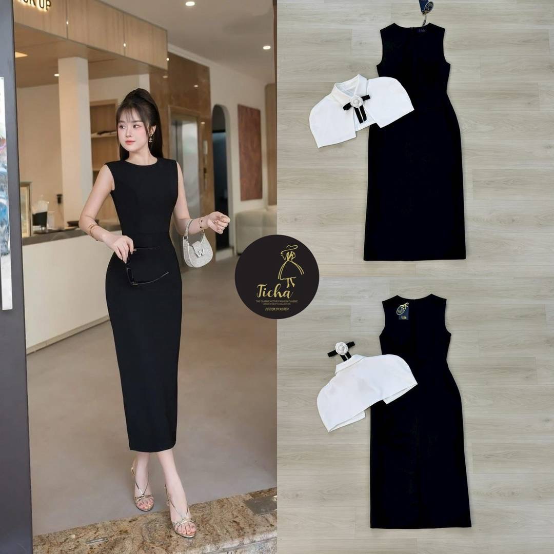 Set 2 ชิ้น เดรสยาวแขนกุดสีดำทรงเข้ารูป อกเสริมฟองน้ำ ซิปหลังช่อน มีชับในตัว มาพร้อมเสื้อคลุมไหล่สั้นสีขาวมีเข็มกลัดดอกไม้สีขาวตกแต่งด้วยริบบิ้นสีดำ ใส่สบาย : สินค้าคุณภาพ (พร้อมส่ง)