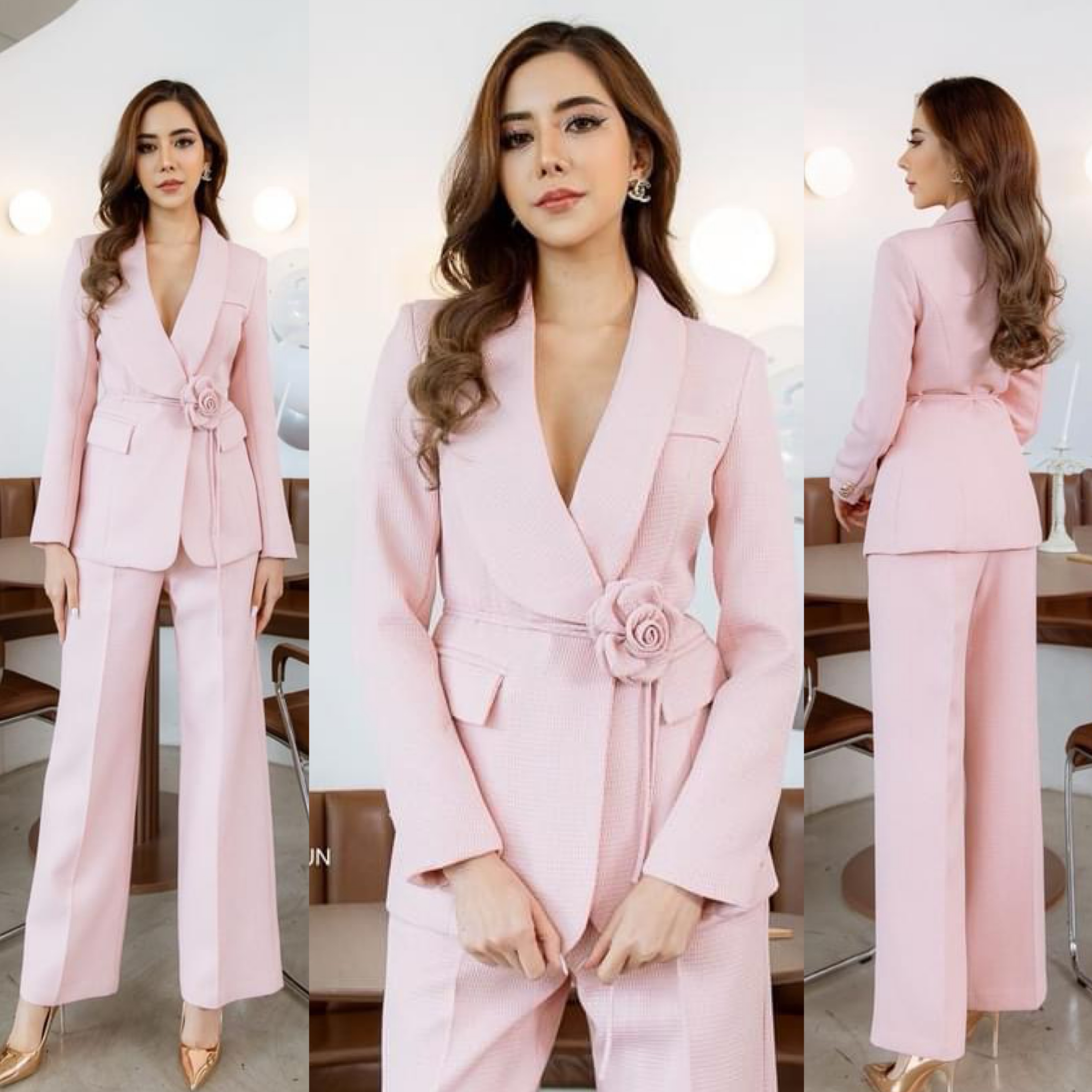 เซตBLAZERปกกล้วย+กางเกงขายาว+เข็มกลัดดอกไม้ เนื้อผ้าเกรดเอ เป็นผ้าทอมีลายในตัว สินค้าคุณภาพ (พร้อมส่ง)