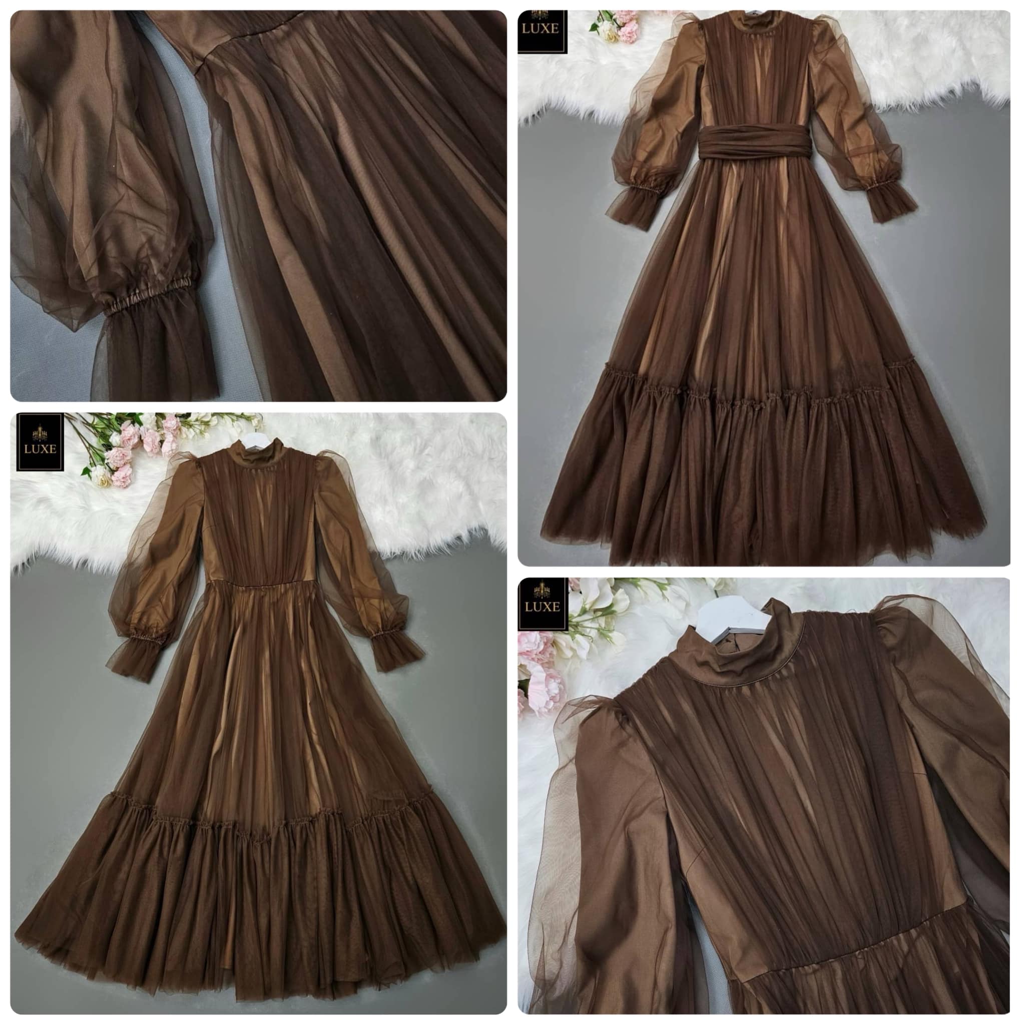 แม็กซี่เดรสเสื้อคอปีนแขนยาว กระโปรงบาน ต่อชายรูดระบายรอบตัว มีโบว์ผูกเอว คัตติ้ง ประณีต ใส่สบาย สินค้าคุณภาพ (พร้อมส่ง)