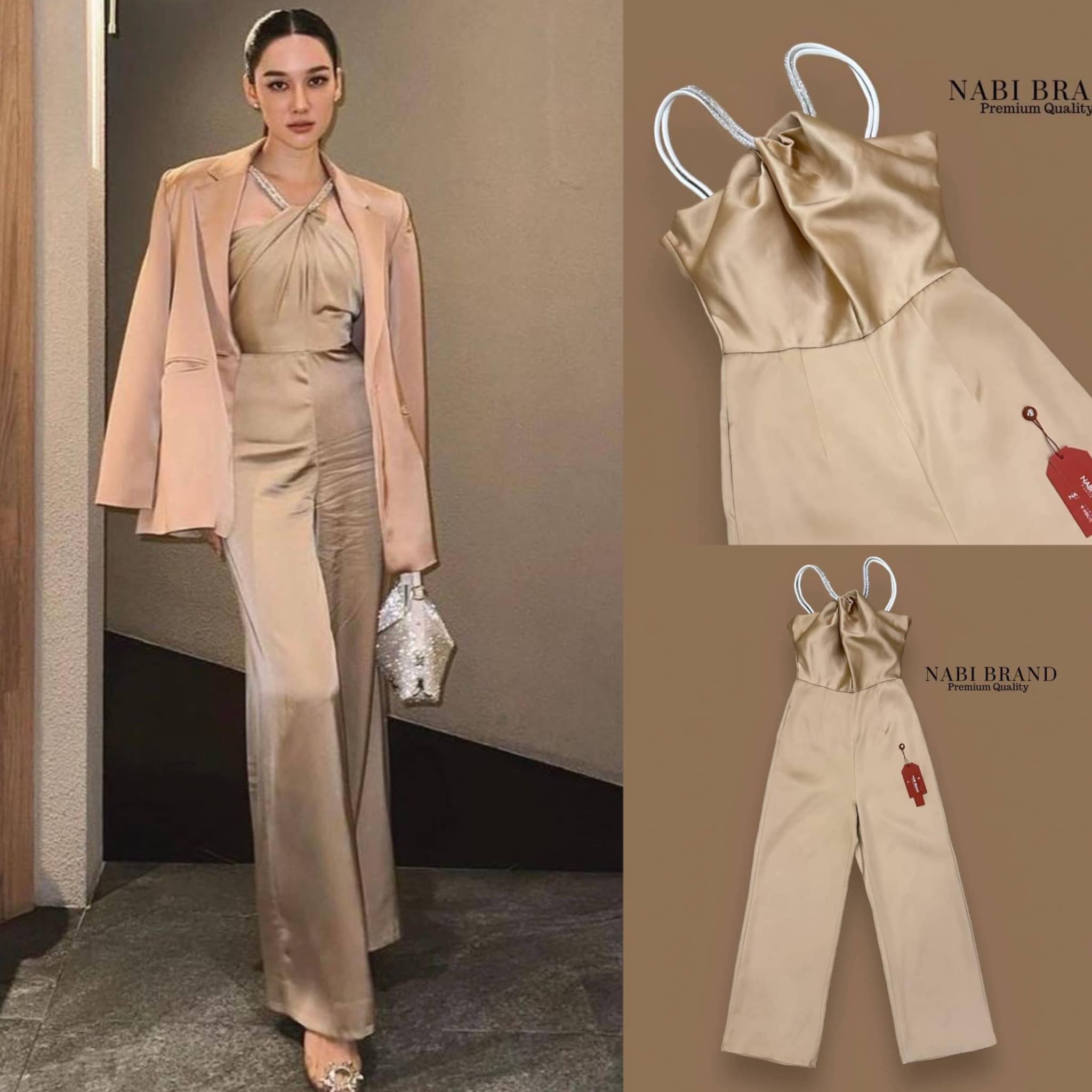 จั้มยาวผ้าดีสีเหลืองทอง ดีเทลตรงอกผ้าไขว้กับสายเพชรคู่ ดูหรูมากค่ะ สินค้าคุณภาพ (พร้อมส่ง)