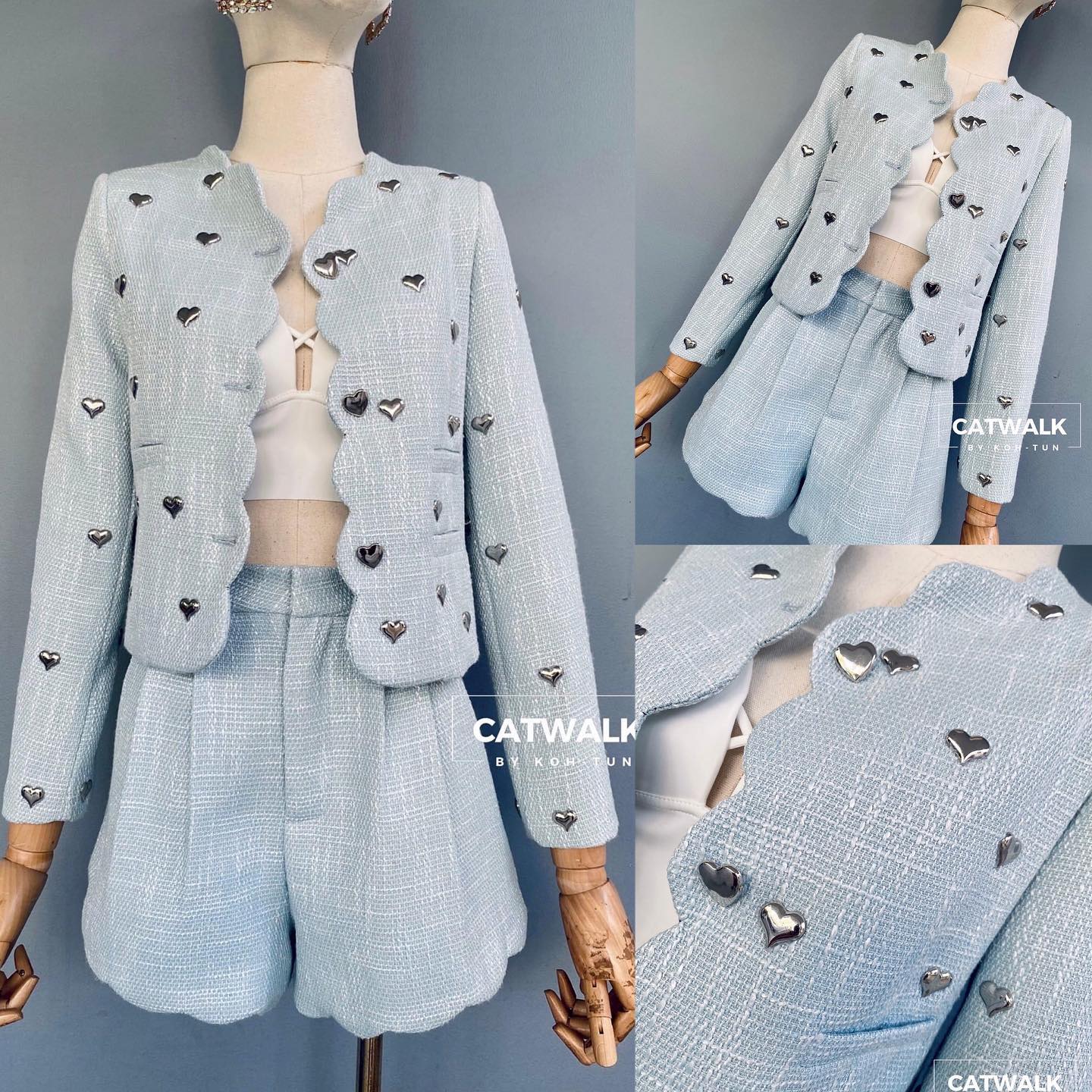 เซตเสื้อคลุมผ้าทวีตชาแนลแต่งหมุดรูปหัวใจ +กางเกงขาสั้นทรงสวย เนื้อผ้าทวีตเกรดเอ ตัวเสื้อ เป็นทรงกึ่งเข้ารูป ขอบเสื้อตัดเย็บเป็นทรงโค้งหยัก ทั้งตัวน่ารักมาก : สินค้าคุณภาพ (พร้อมส่ง)