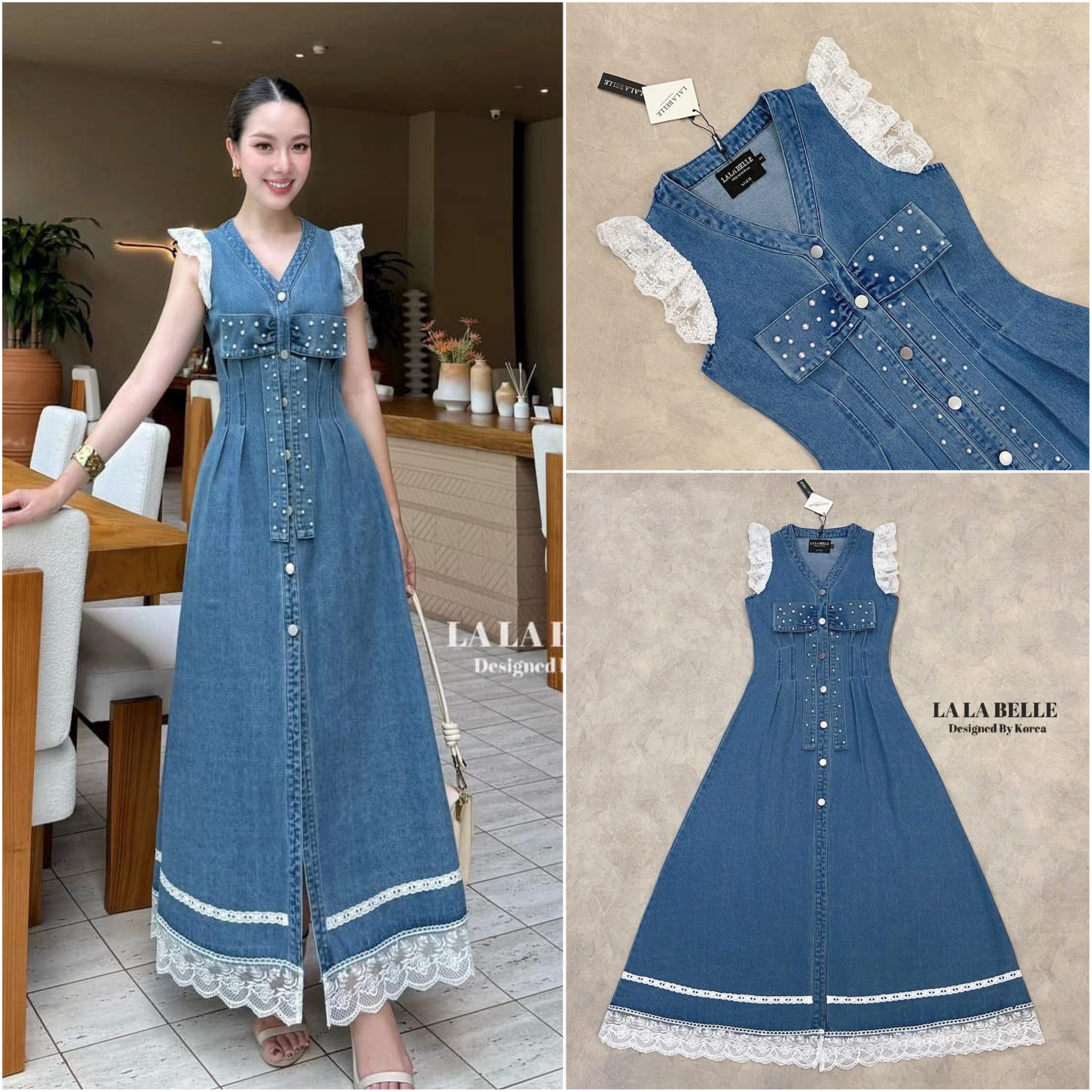 แม็กซี่เดรสยีนส์ฟอกทรงสวยคอวีแขนระบายลูกไม้อกแต่งโบว์ใหญ่ตอกมุขช่วงโบว์เอวเข้ารูปเข้าทรงเก็บเอวให่อย่างดีกระโปรงยาวใช้ผ้าเยอะมากชายกระโปรงแต่งลูกไม้ ใส่สบาย : สินค้าคุณภาพ (พร้อมส่ง)