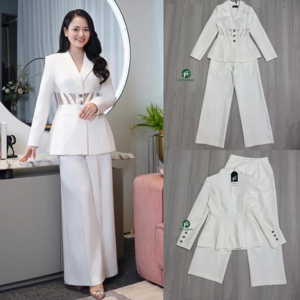 Set สูท 2ชิ้น สีขาว เสื้อสูทแขนยาว ดีเทลซีทรูผ้ามุ้งเว้าเอว ดีไซน์เก๋ และมีกระดุมเงินด้านหน้า (อกเสริมฟองน้ำให้ทรงสวย) มาพร้อมกับกางเกงขายาวทรงกระบอก ใส่สบาย : สินค้าคุณภาพ (พร้อมส่ง)