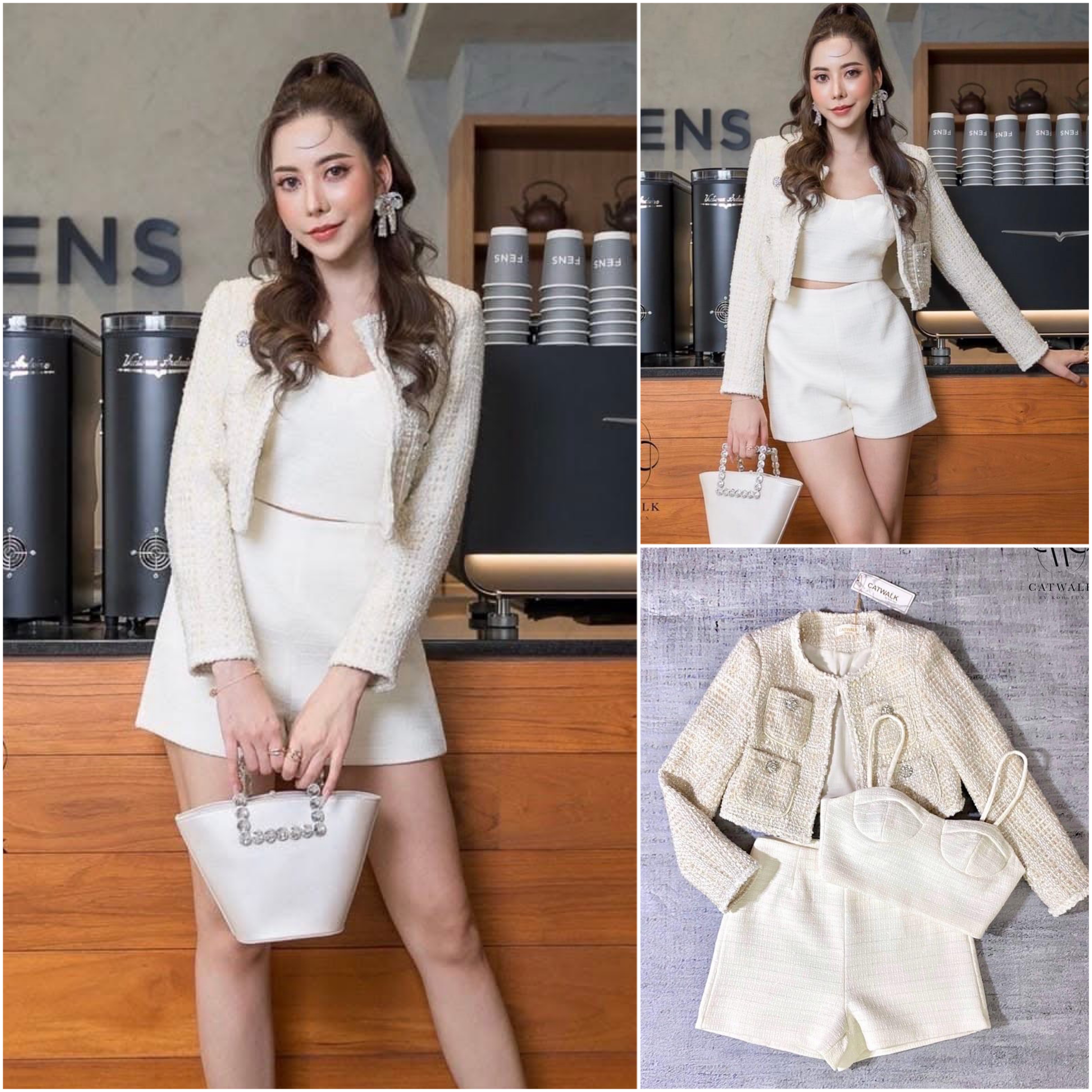 เซตเสื้อคลุมผ้าทวิต+เสื้อสายเดี่ยว+กางเกงขาสั้น เนื้อผ้าเกรดเอ ผ้าทอลายสวย ใส่สบาย : สินค้าคุณภาพ (พร้อมส่ง)