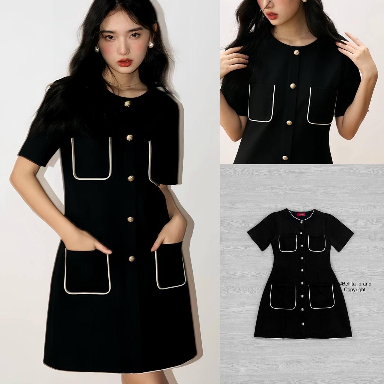 มินิเดรสสีดำเรียบหรู คอกลม แขนสั้น กระดุมด้านหน้า สไตล์มินิมอล ใส่สบาย สินค้าคุณภาพ (พร้อมส่ง)