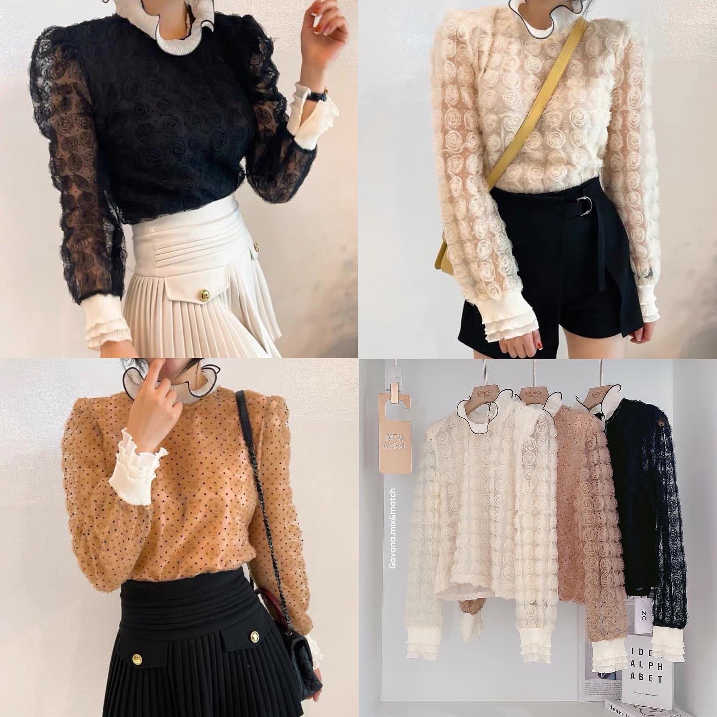 เสื้อแขนยาวผ้าตาข่ายซีทรูลายจุดแต่ง ดอกไม้3dทั่วทั้งตัว บ่าเสริมฟองน้ำ ช่วงคอและ ปลายแขนแต่งระบายอัดพลีทสวยงาม มีซับใน ในตัวอย่างดี : สินค้าคุณภาพ (พร้อมส่ง)