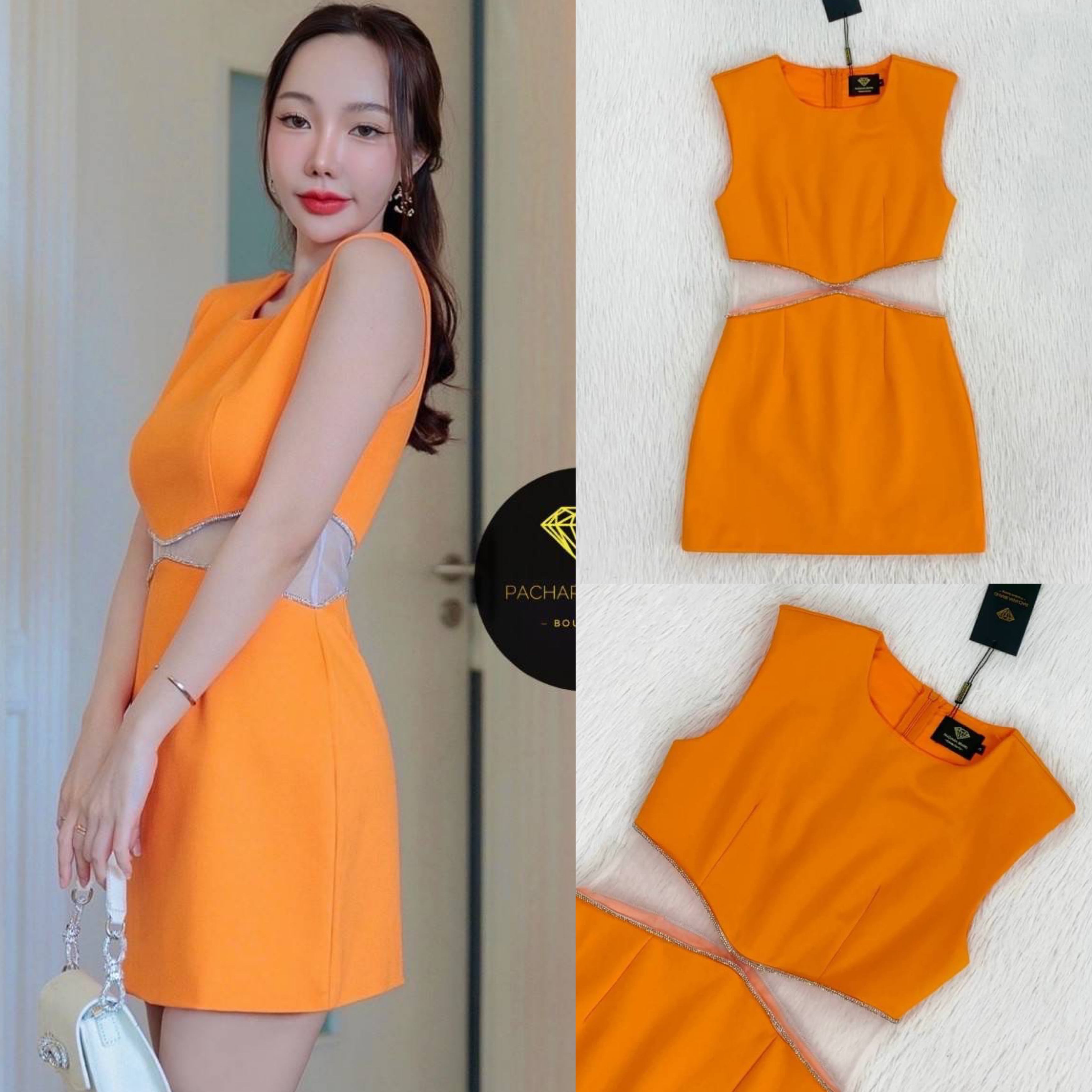 เดรสสั้นแขนกุด. ทรงเข้ารูป ช่วงเอวเว้าตัดต่อผ้าซีทรู ติดเพชรวิบวับสวยมาก สินค้าคุณภาพ (พร้อมส่ง)