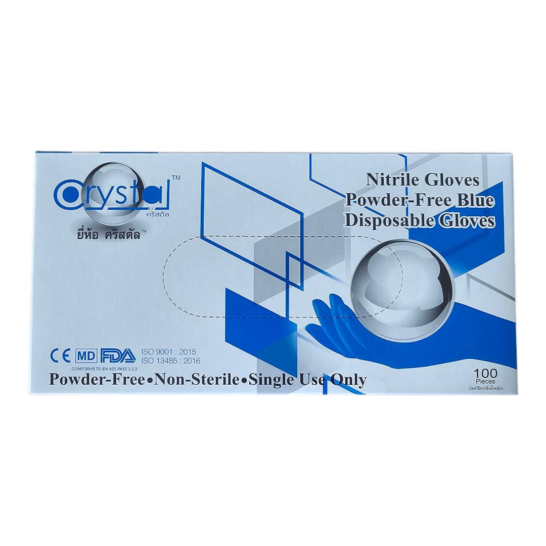 ถุงมือยางไนไตรสีฟ้าแบบหนา 5g ไม่มีแป้ง ยี่ห้อ CRYSTAL (Food Grade)