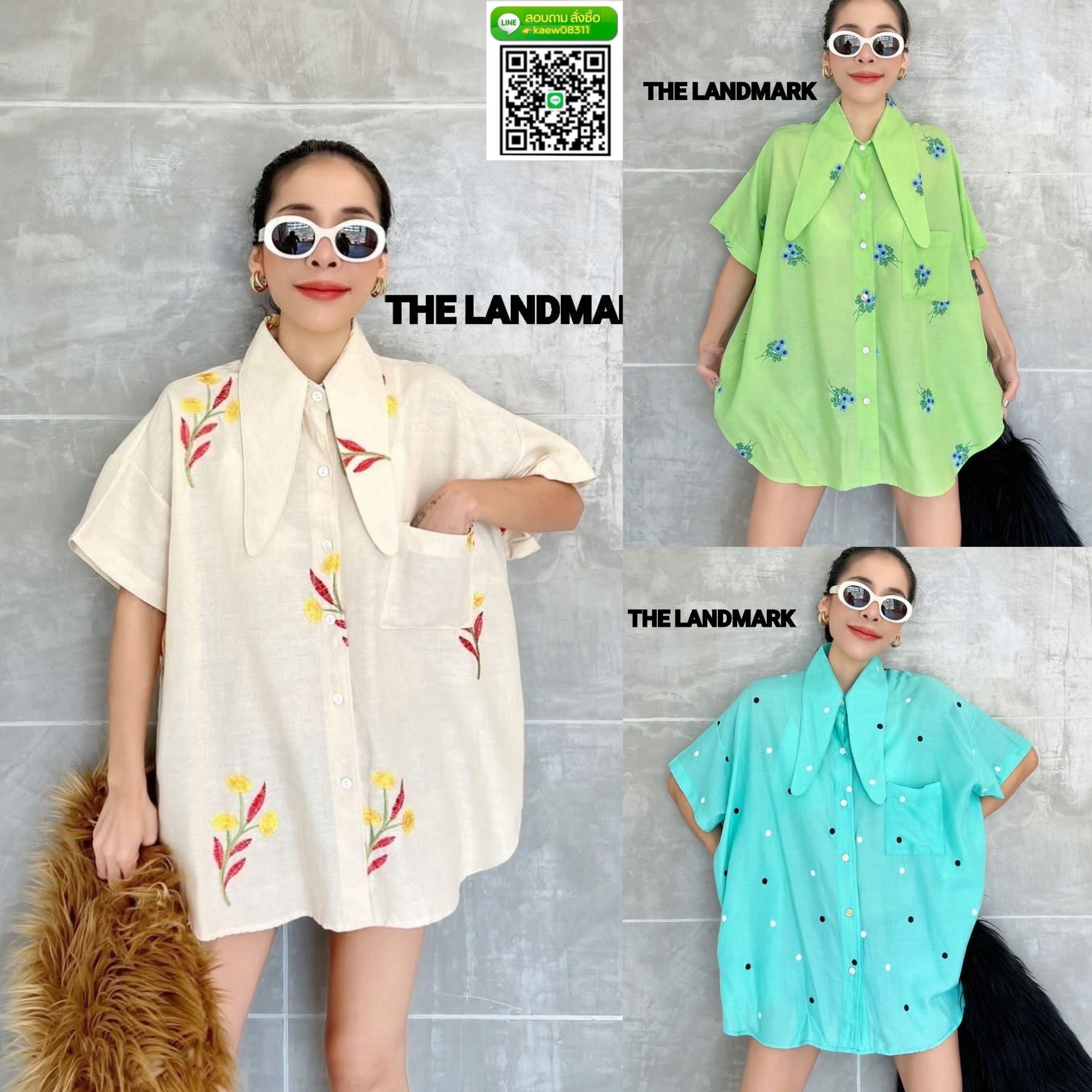 เชิ้ตผ้าฝ้าย ปักลายในตัว กระดุม ผ่าหน้า ชายโค้ง กระเป๋าอก หน้าสั้น~หลังยาว ☆ลายปักคิ้วท์ๆมินิมอล ใส่สบาย : สินค้าคุณภาพ (พร้อมส่ง)
