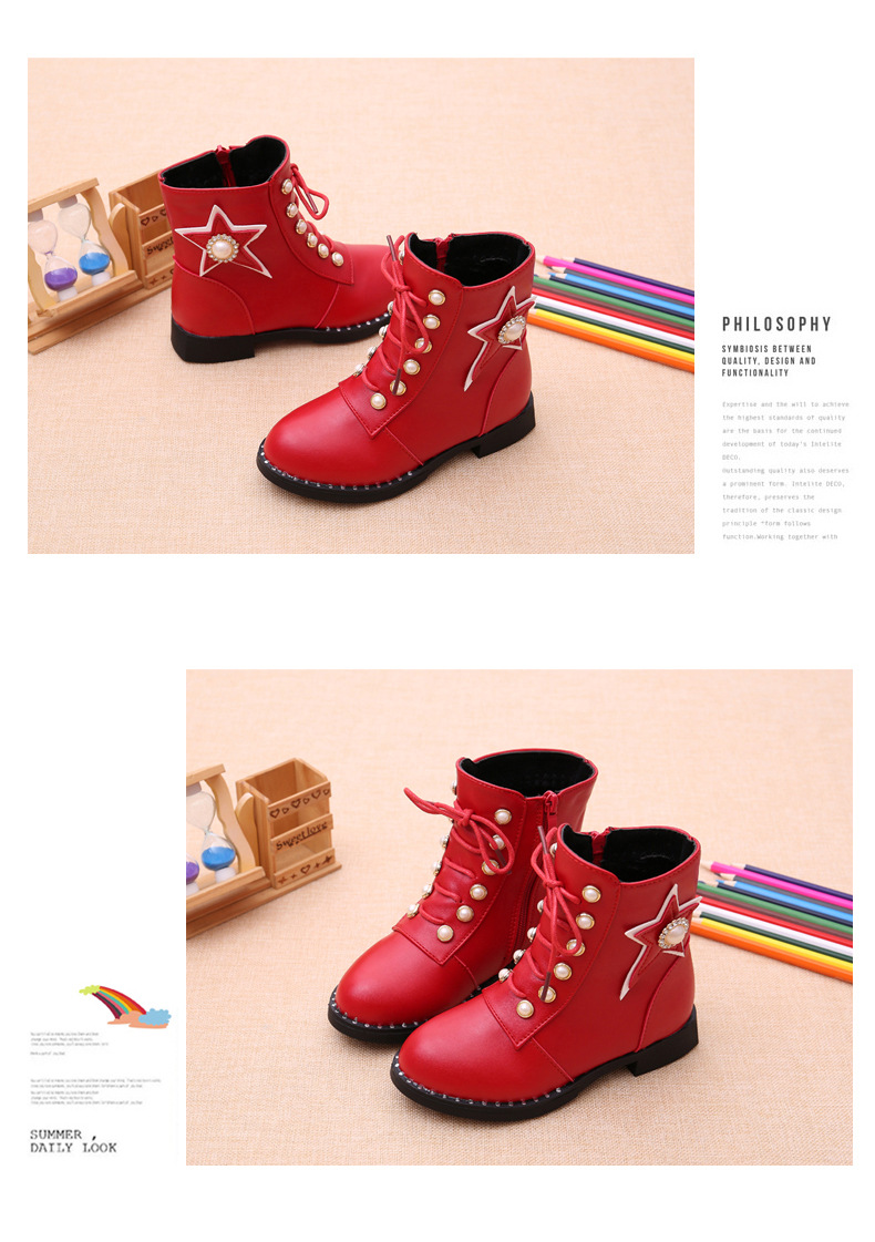 รองเท้าบู๊ทเด็ก สีแดง/สีดำ ลายดาวสวยเท่ มีซิปข้าง Size 27-38