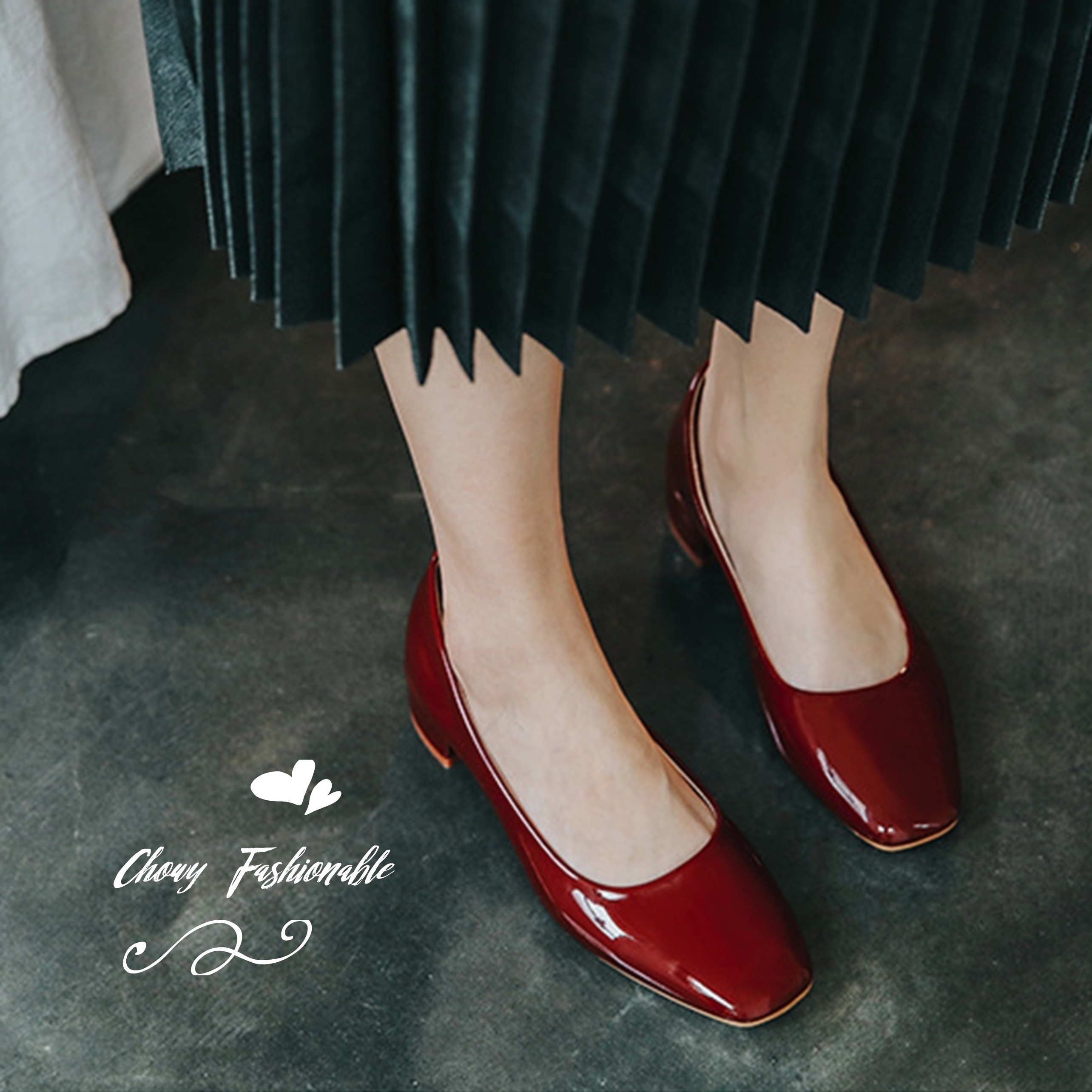 รองเท้าไซส์ใหญ่ 42-43 EU ไซส์ยุโรป ส้นเตี้ยไซส์ใหญ่ หัวตัดเหลี่ยม สีไวน์แดง Chowy KR1068WD