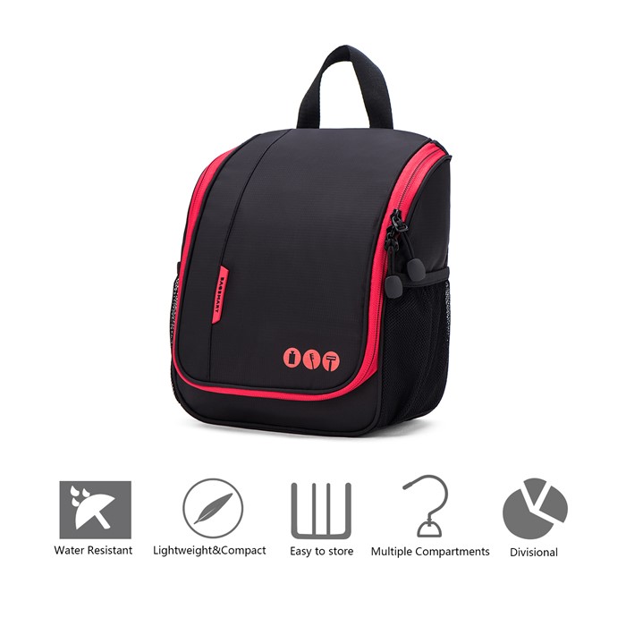 Bagsmart กระเป๋าใส่อุปกรณ์อาบน้ำ คุณภาพสูง ใส่อุปกรณ์อาบน้ำ แขวนได้ มีช่องใส่ด้านข้างสองด้าน สำหรับเดินทาง ท่องเที่ยว (Black-Red)
