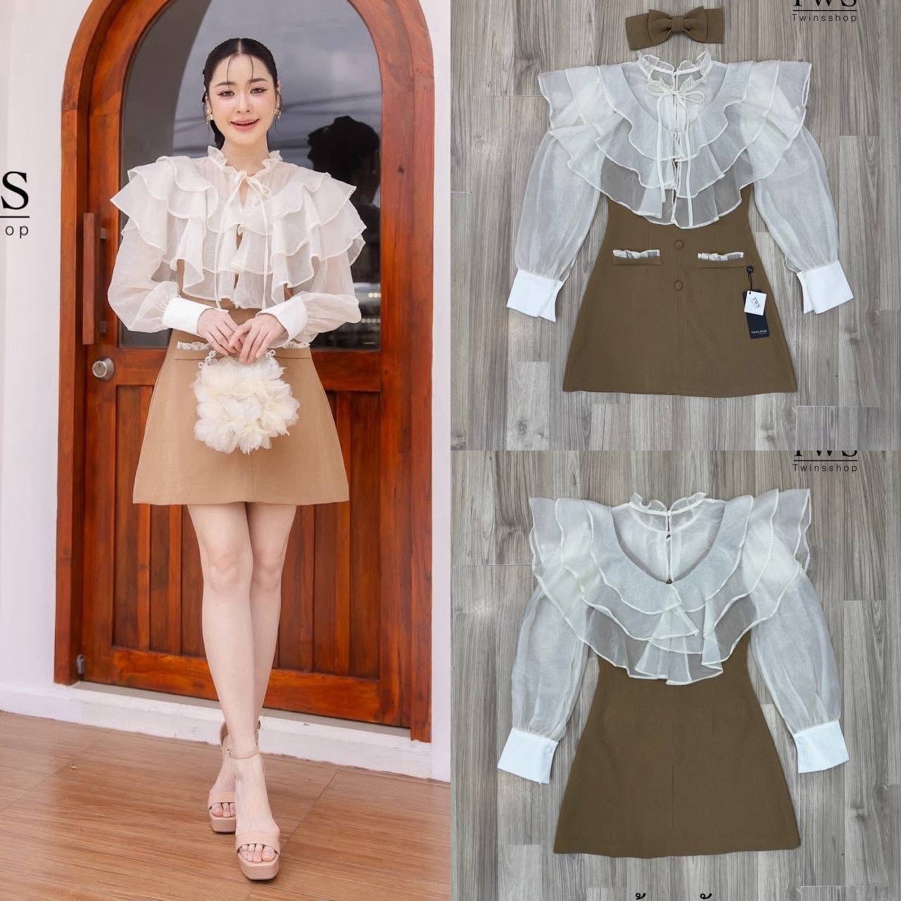 ชุดเดรสน่ารักสไตล์คุณหนู ใส่แล้วดูแพงมากกกก ดีเทลเก๋สุดๆ ด้านบนเป็น ผ้าโปร่งชีฟองระบายชั้น แขนยาวปลายแขนจับระบาย ใส่สบาย : สินค้าคุณภาพ (พร้อมส่ง)