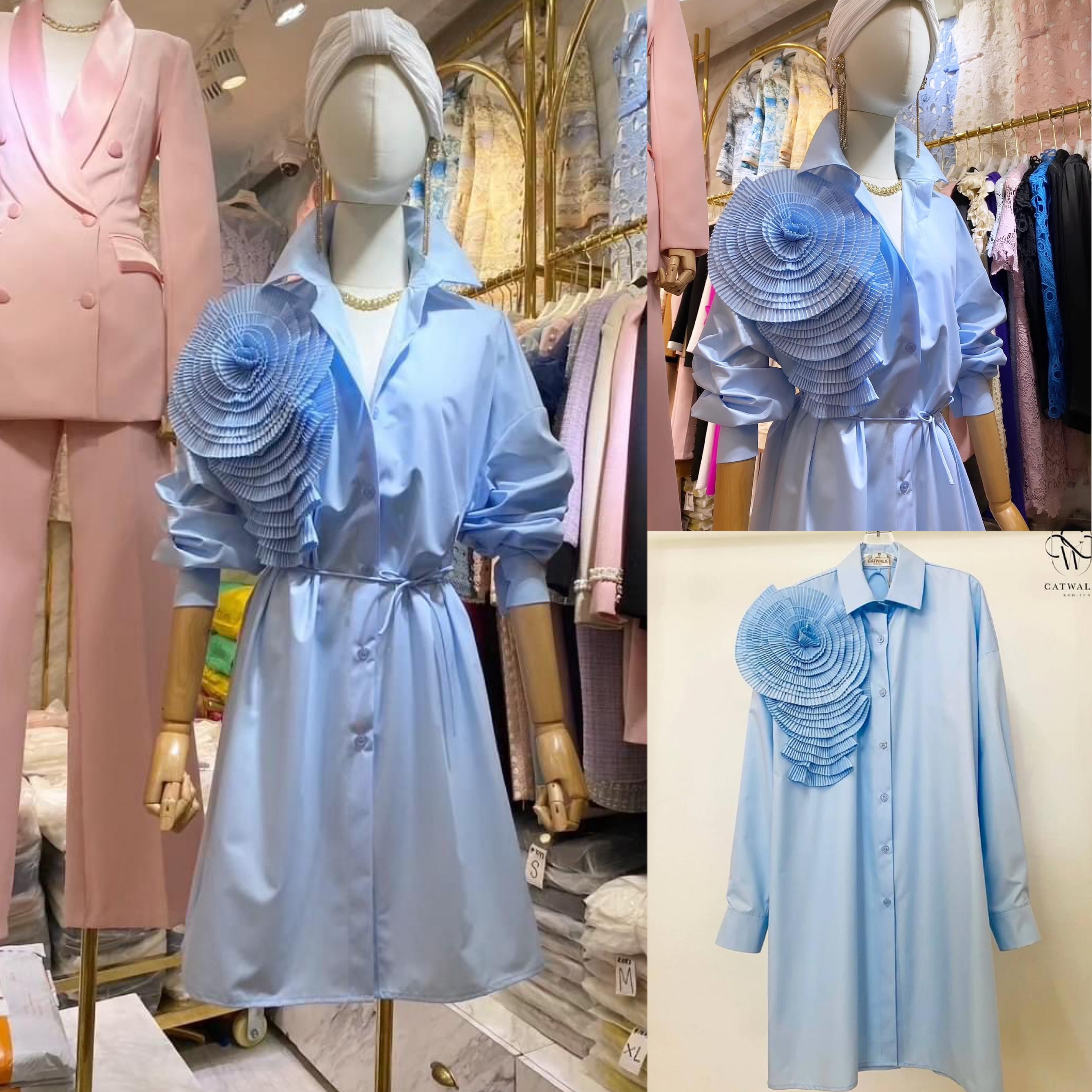 เดรสเชิ้ตแต่งดอกไม้อัดพลีท เนื้อผ้าเกรดเอ สินค้าคุณภาพ (พร้อมส่ง)