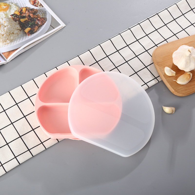 NanaBaby จานก้นดูดซิลิโคน จานหลุมเด็กซิลิโคน จานดูดเด็ก 3 ช่อง มีฝาปิด+หลอดดูด BPA-Free