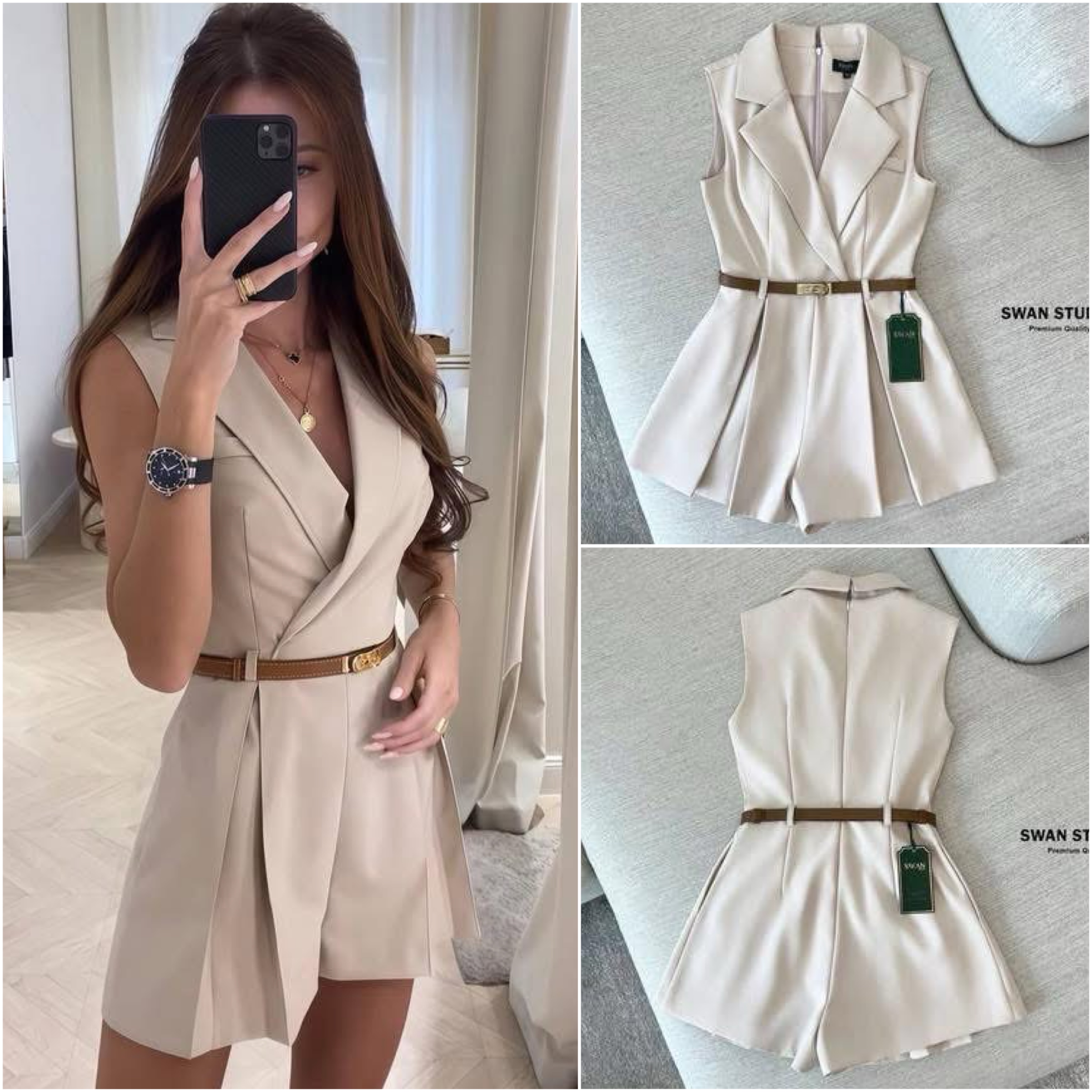 จั้มสูทสั้นสีเบจ ด้านหน้าอัพจีบ ช่วงบนเป็นทรงแขนกุดคอปก มาคู่กับเข็มขัด ใส่สบาย : สินค้าคุณภาพ (พร้อมส่ง)