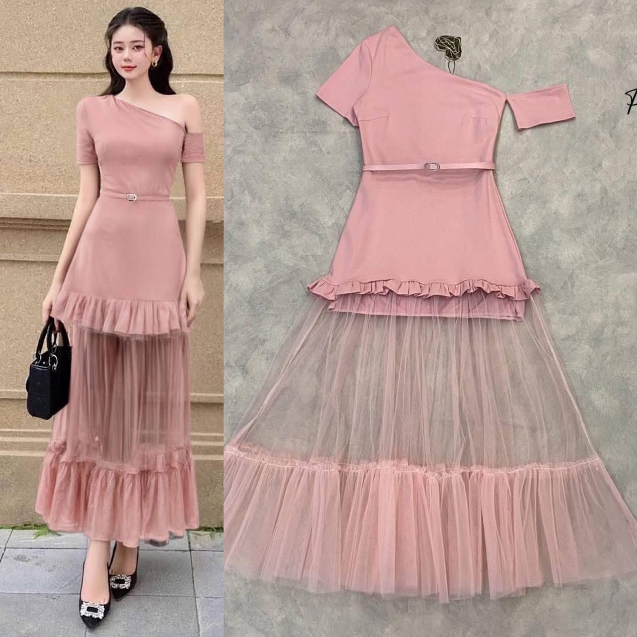 เดรสไหล่เดียวทรงเปิดไหล่เฉียงแต่งชายซีทรูลูกไม้อลังๆ ใส่สบาย : สินค้าคุณภาพ (พร้อมส่ง)