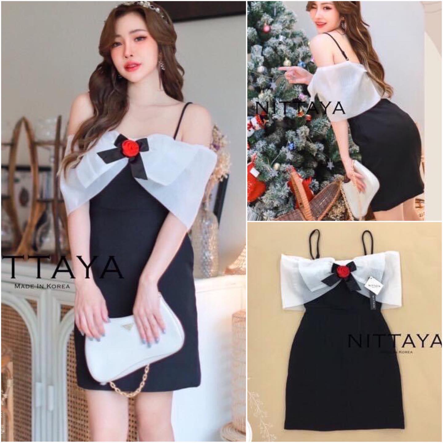 เดรสสายเดี่ยวดำ อกเป็นผ้าแก้วสีขาว (มีเข็มกลัดกุหลาบแดง) สินค้าคุณภาพ (พร้อมส่ง)