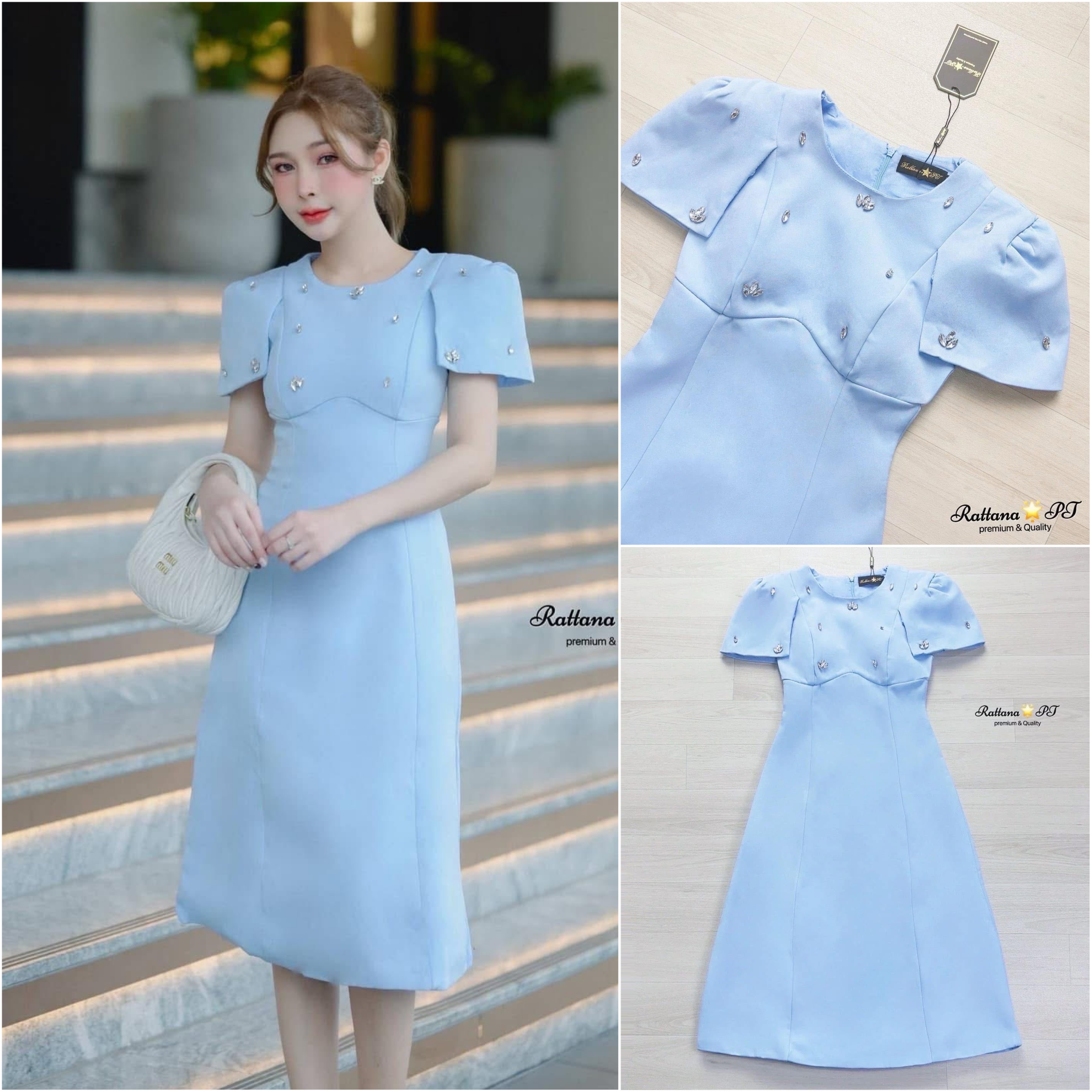 เดรสสีฟ้า เรียบหรูดูแพง แต่งเพชรที่หน้าอกและแขนเสื้อ ให้ดูสวยเก๋ดูแพง เนื้อผ้าดีมาก หน้าอกมีฟองน้ำ มีซับในทั้งชุด ใส่สบาย : สินค้าคุณภาพ (พร้อมส่ง)