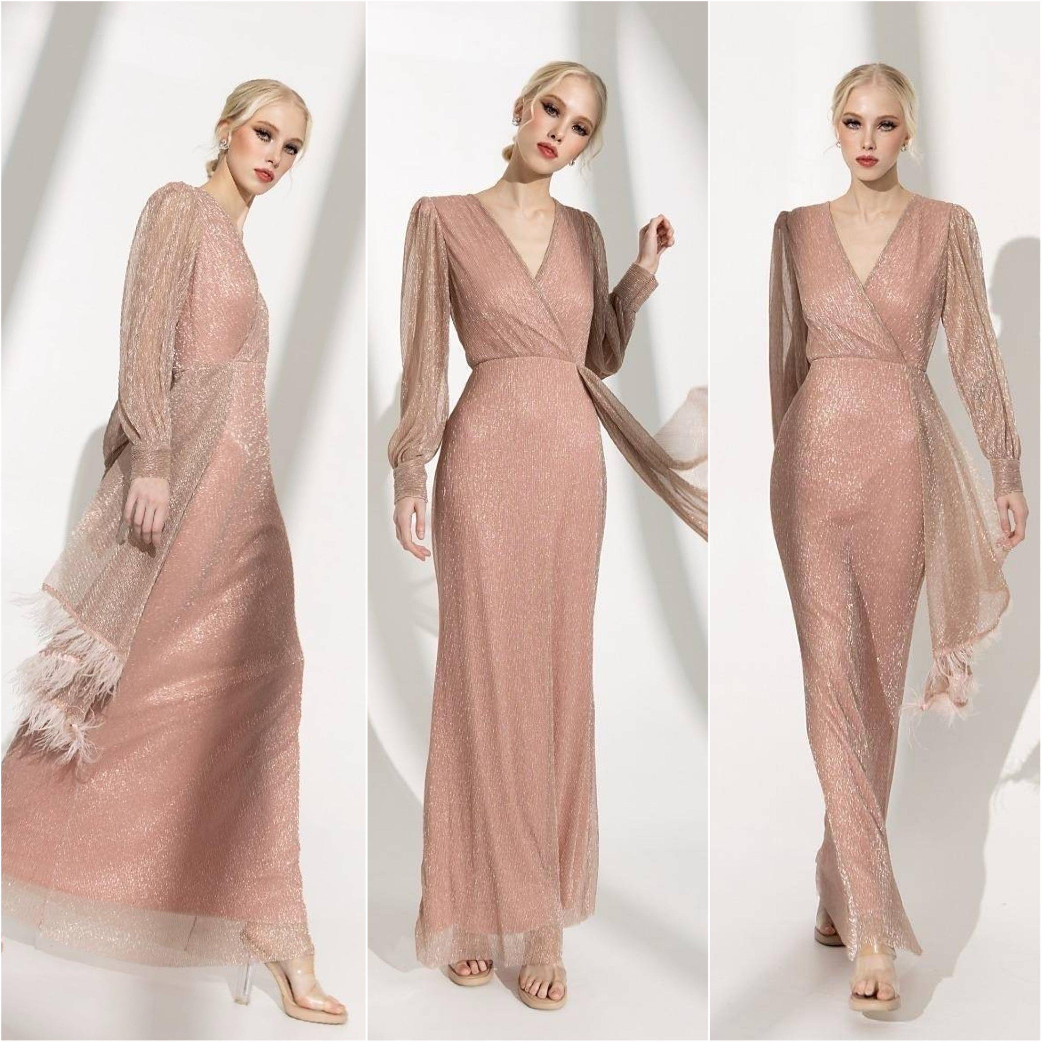 เดรสเสื้อคอวีป้ายแขนยาว กระโปรงยาวจับ เดรปข้างลำตัว ดีเทลแต่งชายระบายขนนก : สินค้าคุณภาพ (พร้อมส่ง)