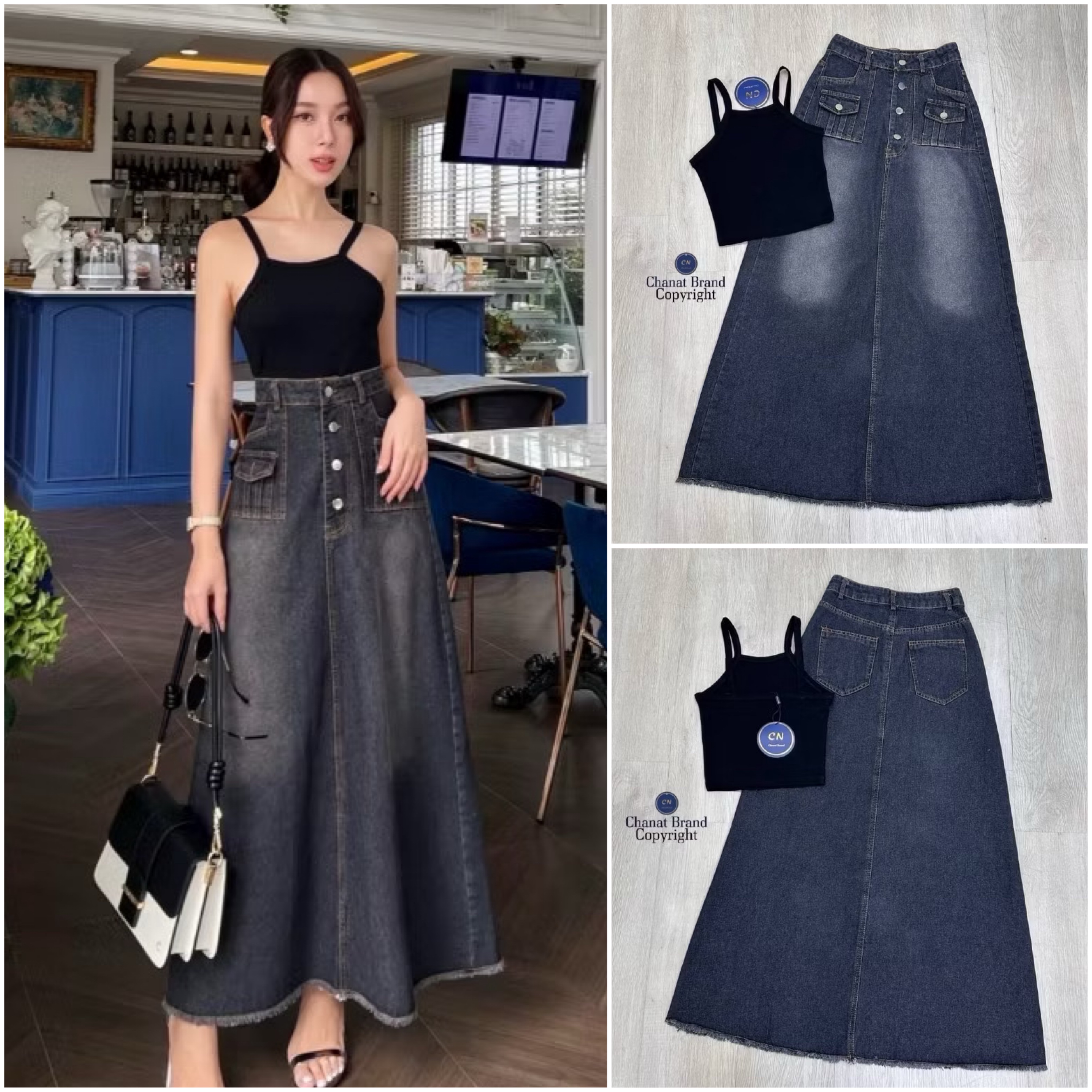 set 2 ชิ้น เสื้อแขนกุดสายเดี่ยวสีดำเนื้อผ้า ยืดนิ่มใส่สบาย ( ไม่เสริมฟองน้ำ ไม่มีซิปหลัง ) มา พร้อมกับกระโปรงยีนส์ยาวสีฟอก ใส่สบาย : สินค้าคุณภาพ (พร้อมส่ง)