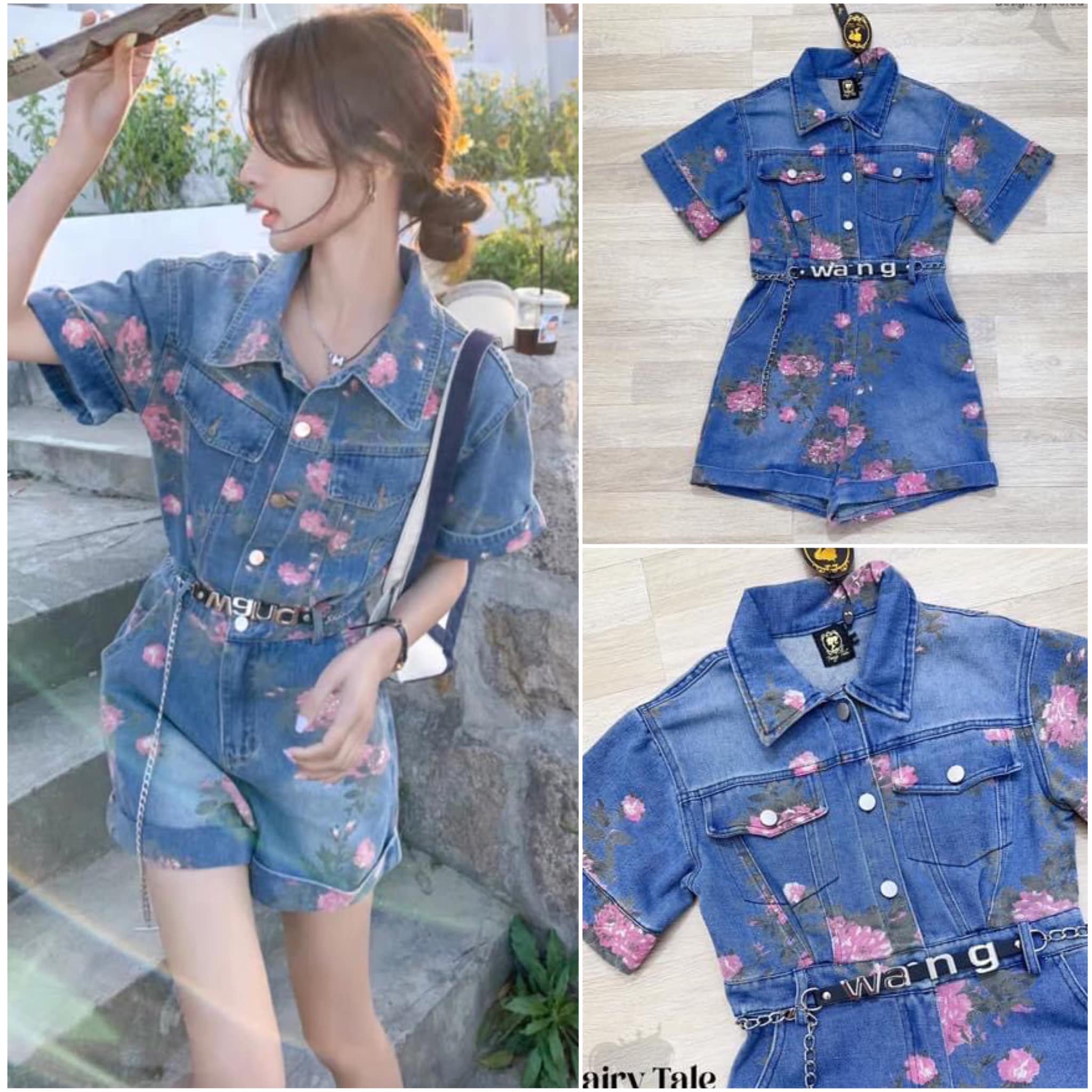 จั้มสูทยีน+เข็มขัด ลายดอกไม้ชมพูทั้งชุด สินค้าคุณภาพ (พร้อมส่ง)