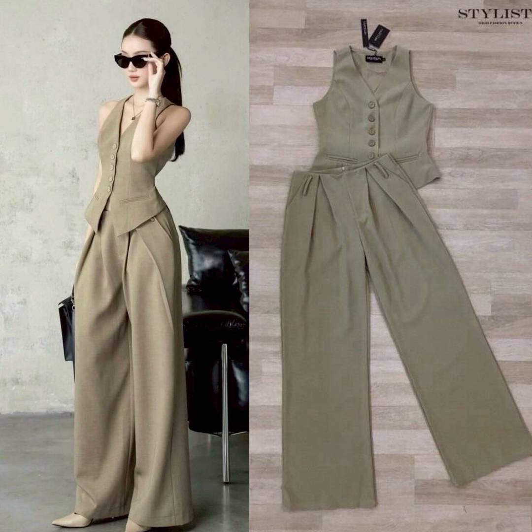 เซ็ตเสื้อกั๊กแขนกุดทรงเข้ารูป มาพร้อมกางเกงขากว้างสุดเป๊ ใส่สบาย : สินค้าคุณภาพ (พร้อมส่ง)