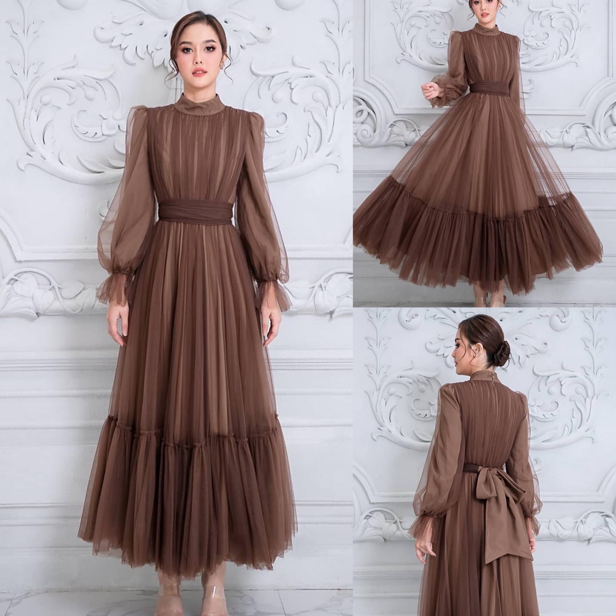 แม็กซี่เดรสเสื้อคอปีนแขนยาว กระโปรงบาน ต่อชายรูดระบายรอบตัว มีโบว์ผูกเอว คัตติ้ง ประณีต ใส่สบาย สินค้าคุณภาพ (พร้อมส่ง)